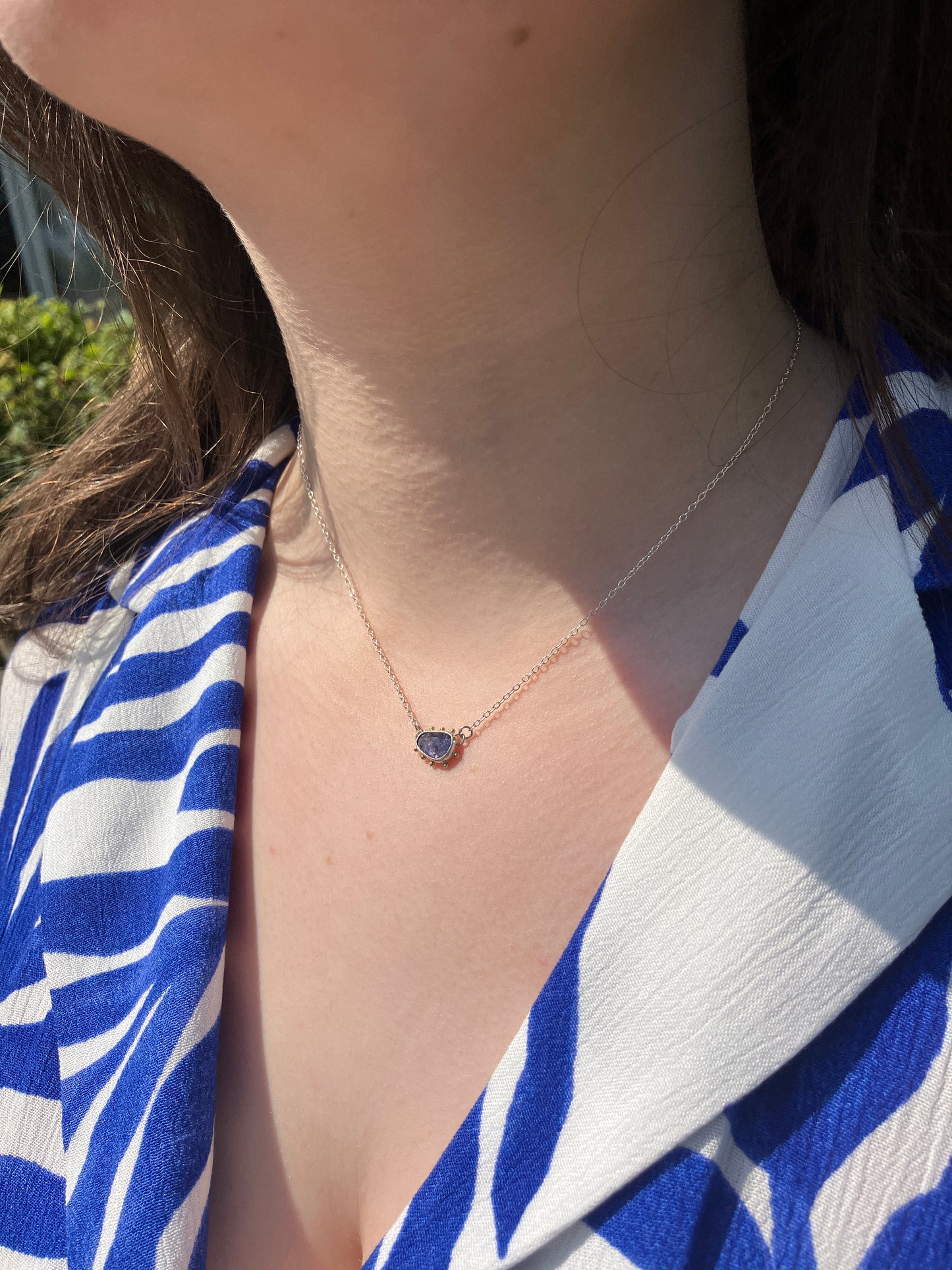 Iolite, 18ct Gold and Sterling Silver Pendant Necklace with Granulation Detail on Sterling Silver Chain