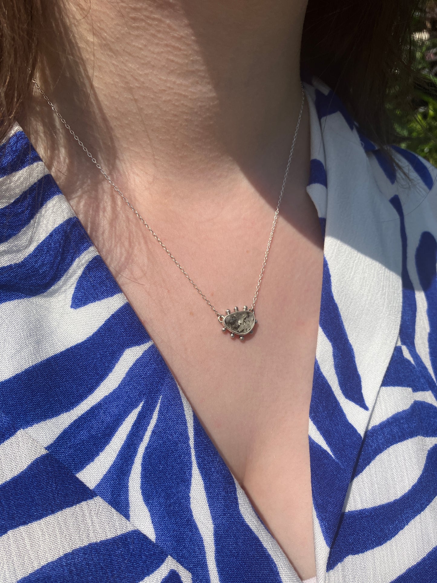 Freeform Tourmalinated Quartz and Recycled Sterling Silver Granulation Pendant Necklace