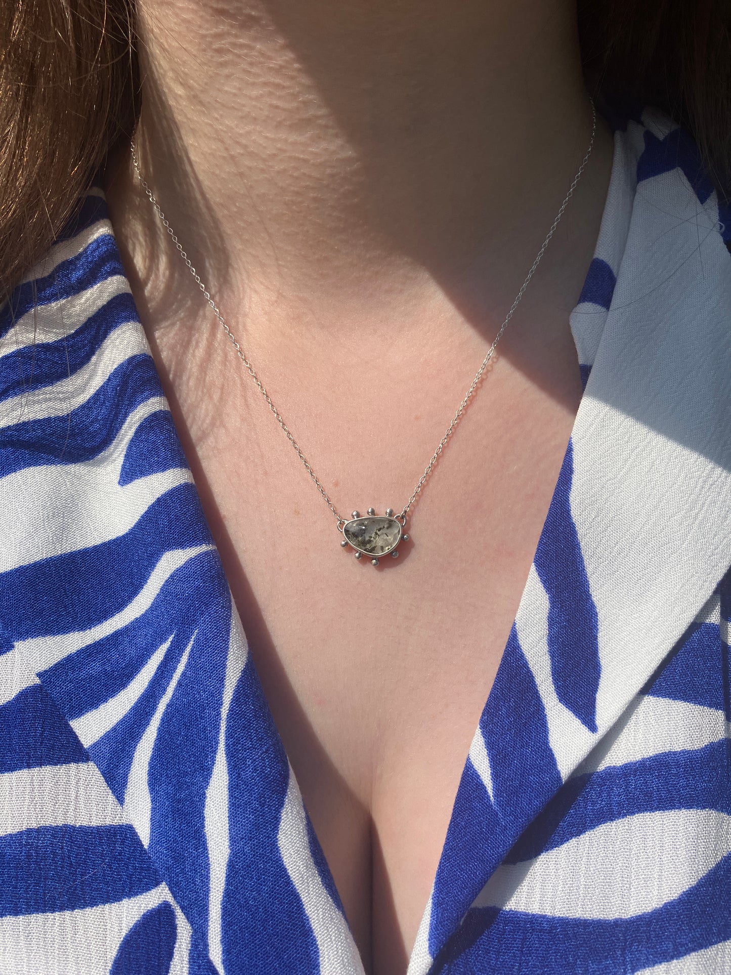 Freeform Tourmalinated Quartz and Recycled Sterling Silver Granulation Pendant Necklace