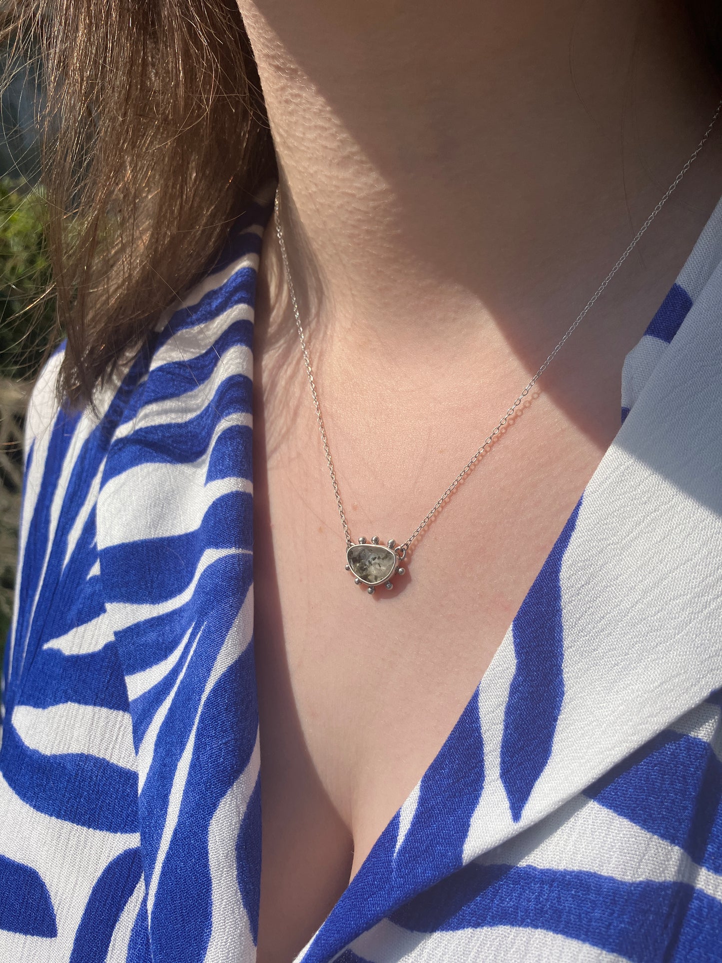 Freeform Tourmalinated Quartz and Recycled Sterling Silver Granulation Pendant Necklace