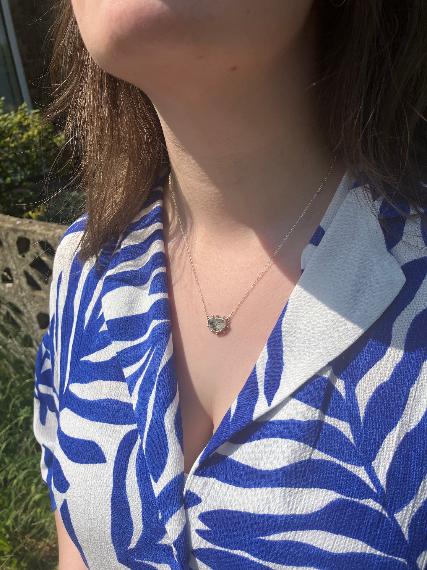 Freeform Tourmalinated Quartz and Recycled Sterling Silver Granulation Pendant Necklace