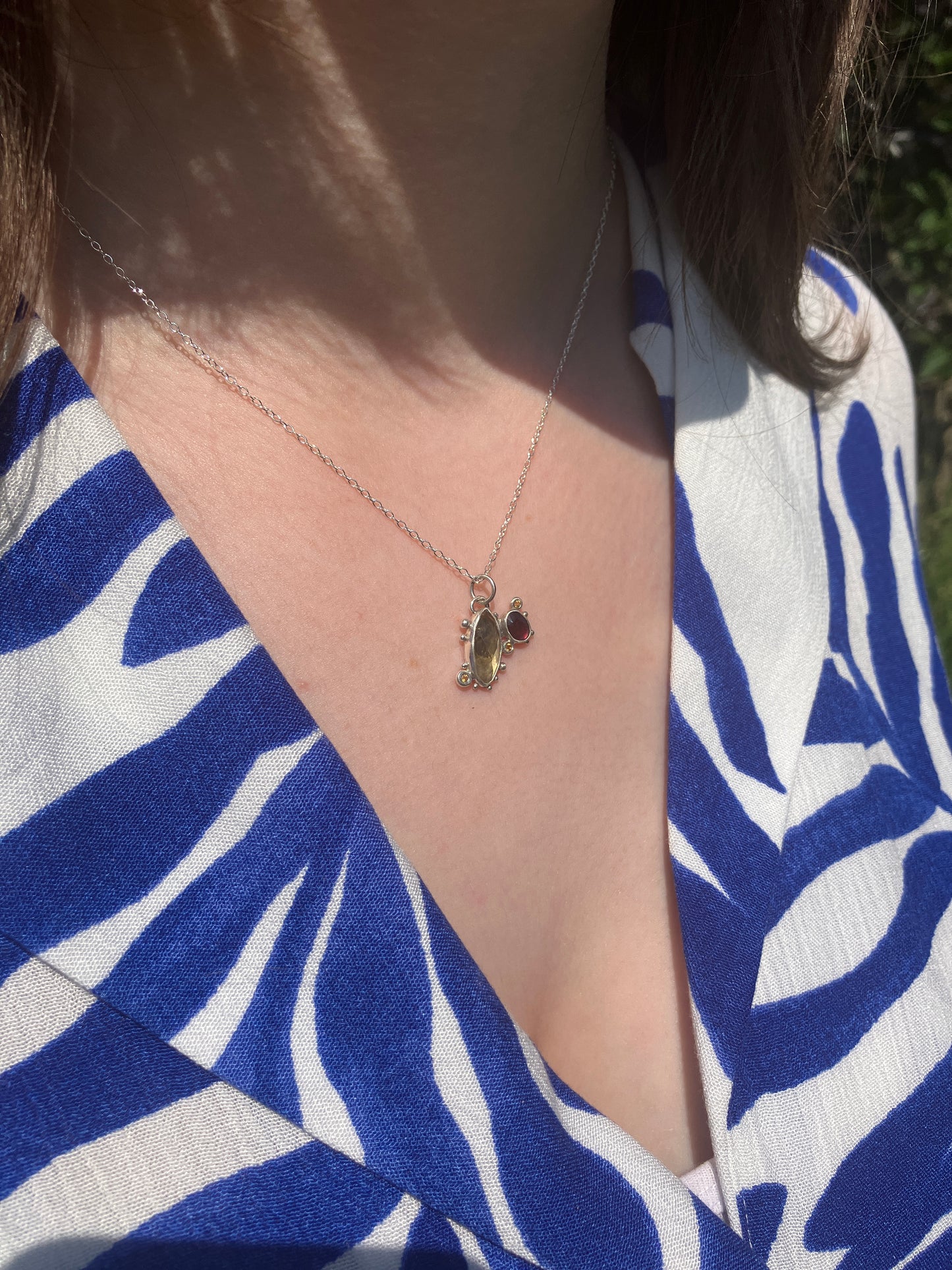 Citrine, Garnet and Recycled Sterling Silver Granulation Pendant Necklace on Sterling Silver Chain