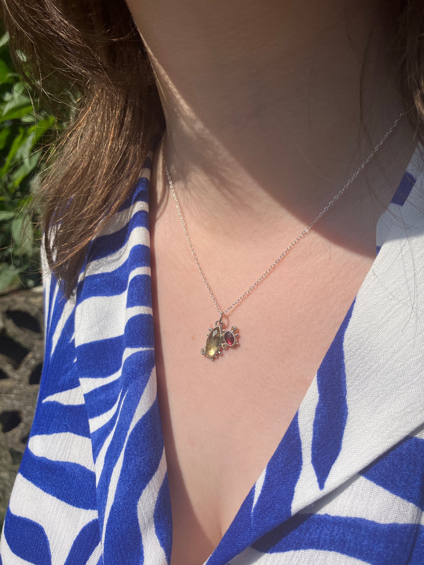 Citrine, Garnet and Recycled Sterling Silver Granulation Pendant Necklace on Sterling Silver Chain