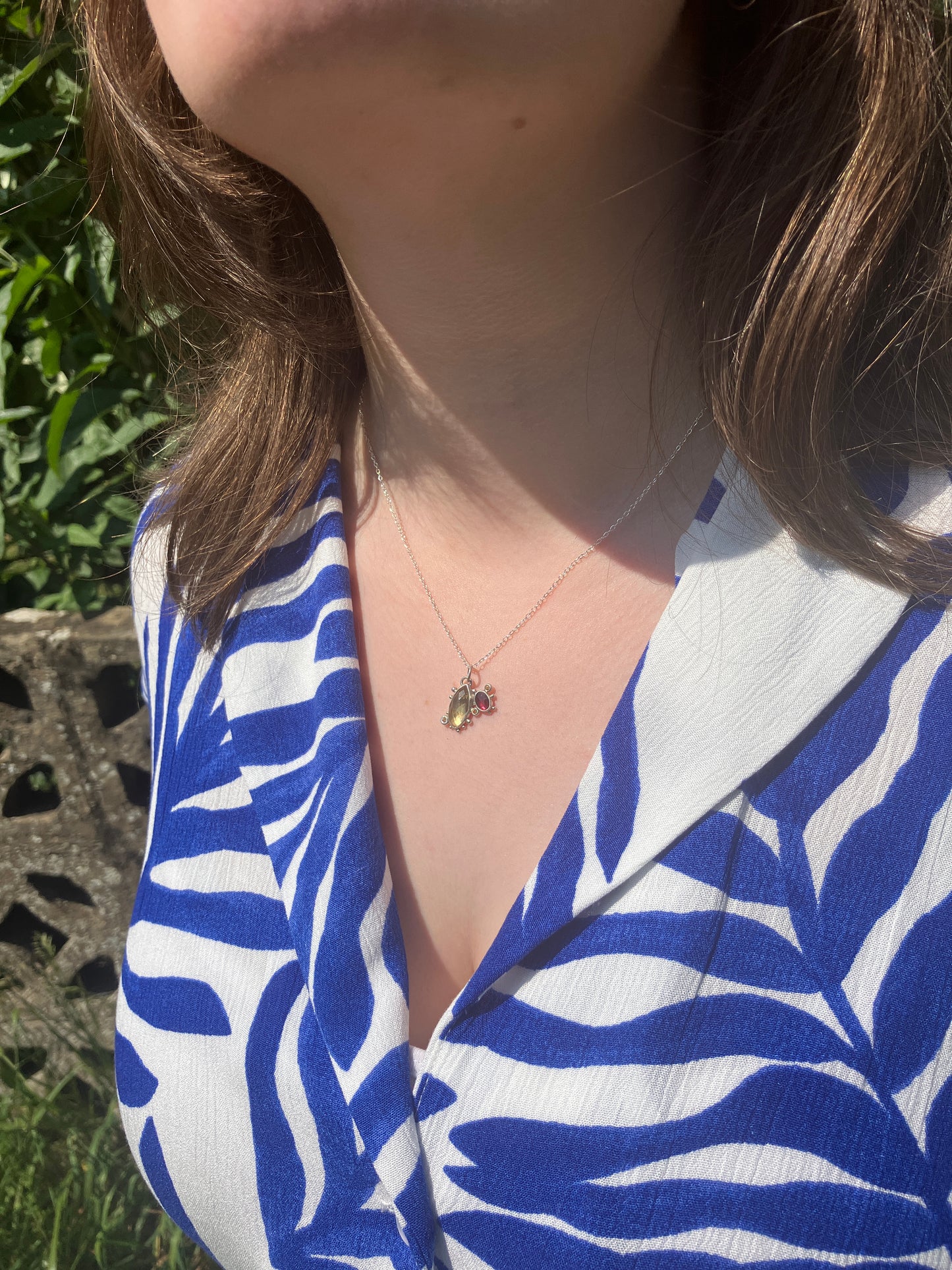 Citrine, Garnet and Recycled Sterling Silver Granulation Pendant Necklace on Sterling Silver Chain