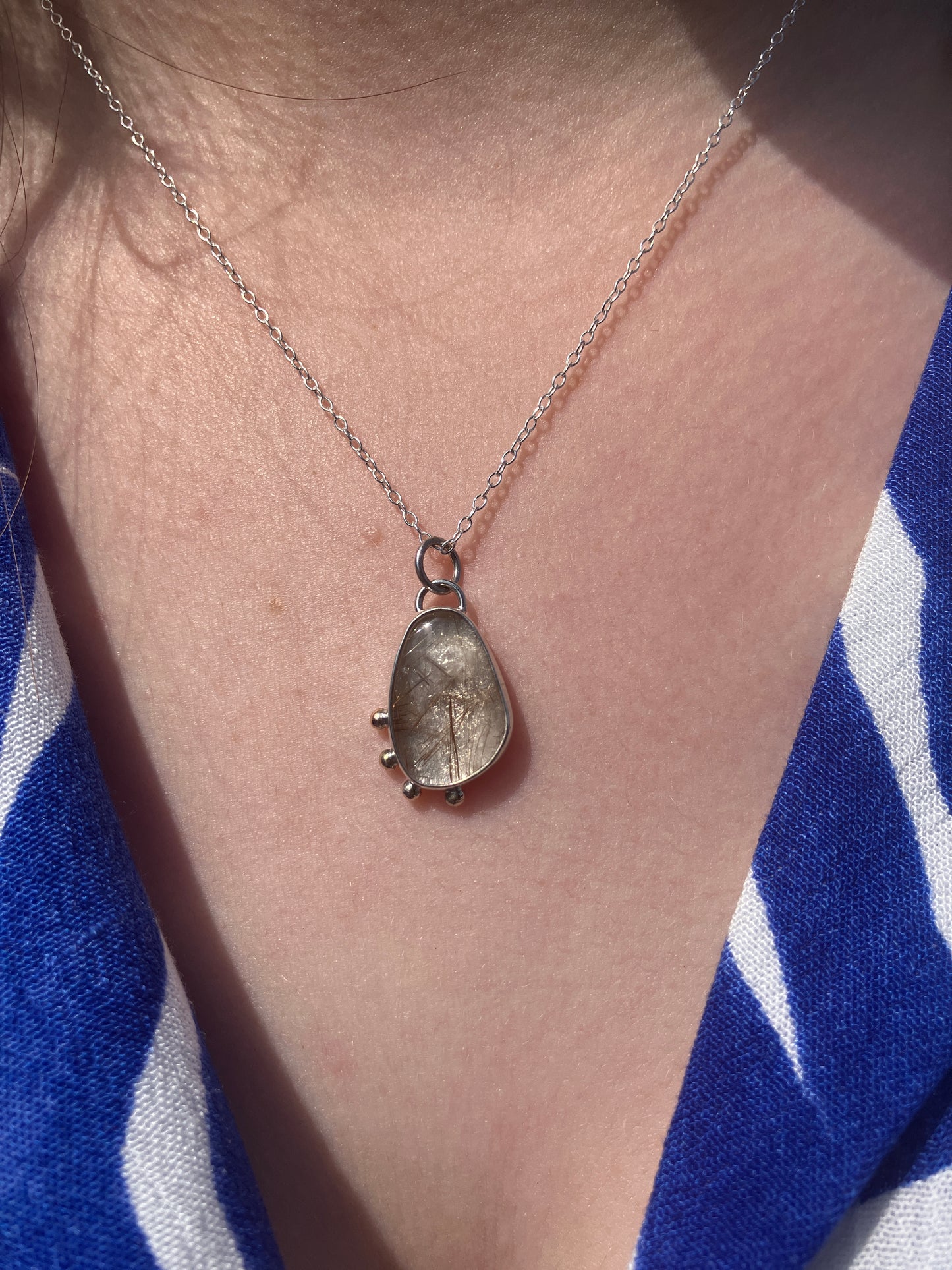 Rutilated Quartz, 9ct Rose Gold and Sterling Silver Granulation Pendant Necklace