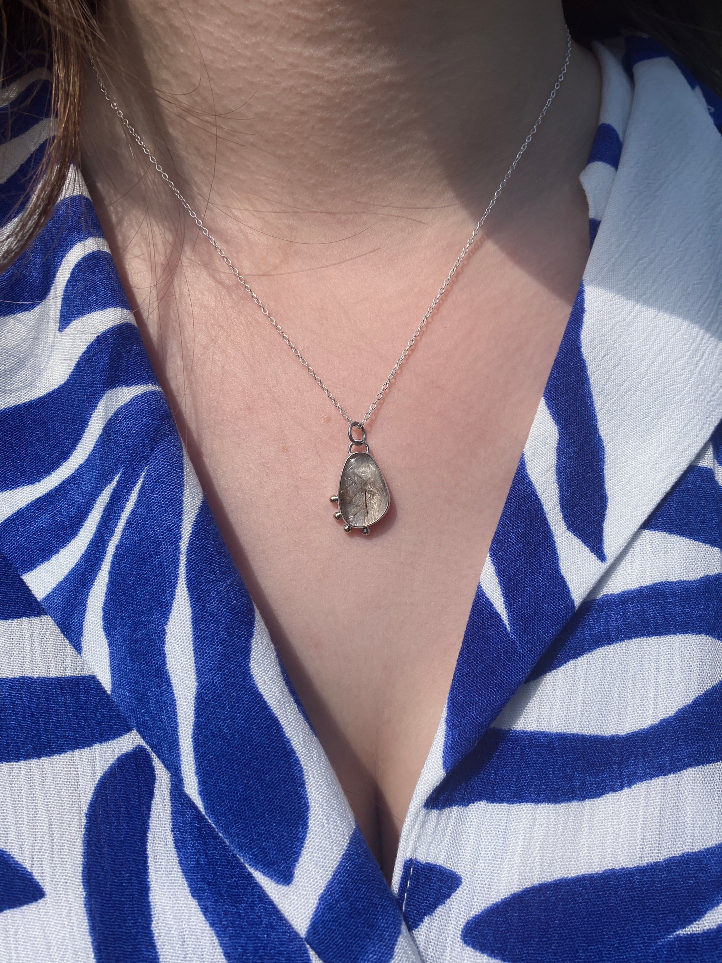 Rutilated Quartz, 9ct Rose Gold and Sterling Silver Granulation Pendant Necklace