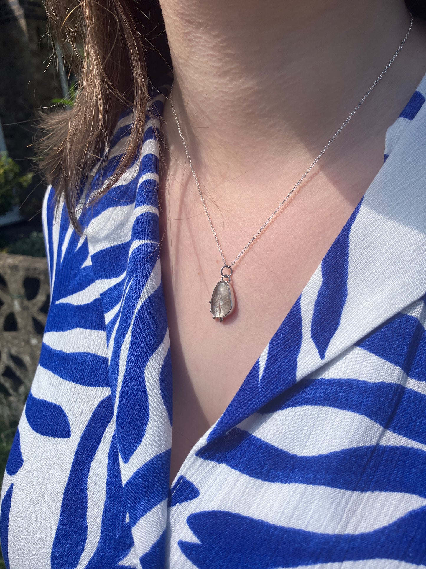 Rutilated Quartz, 9ct Rose Gold and Sterling Silver Granulation Pendant Necklace