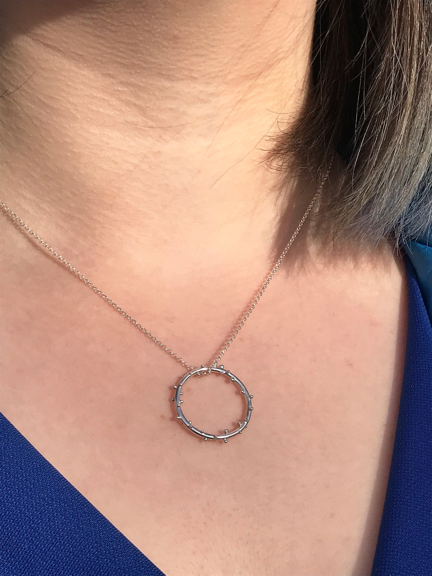 Sterling Silver Iota Circle Necklaces with Granulation in Varying Sizes