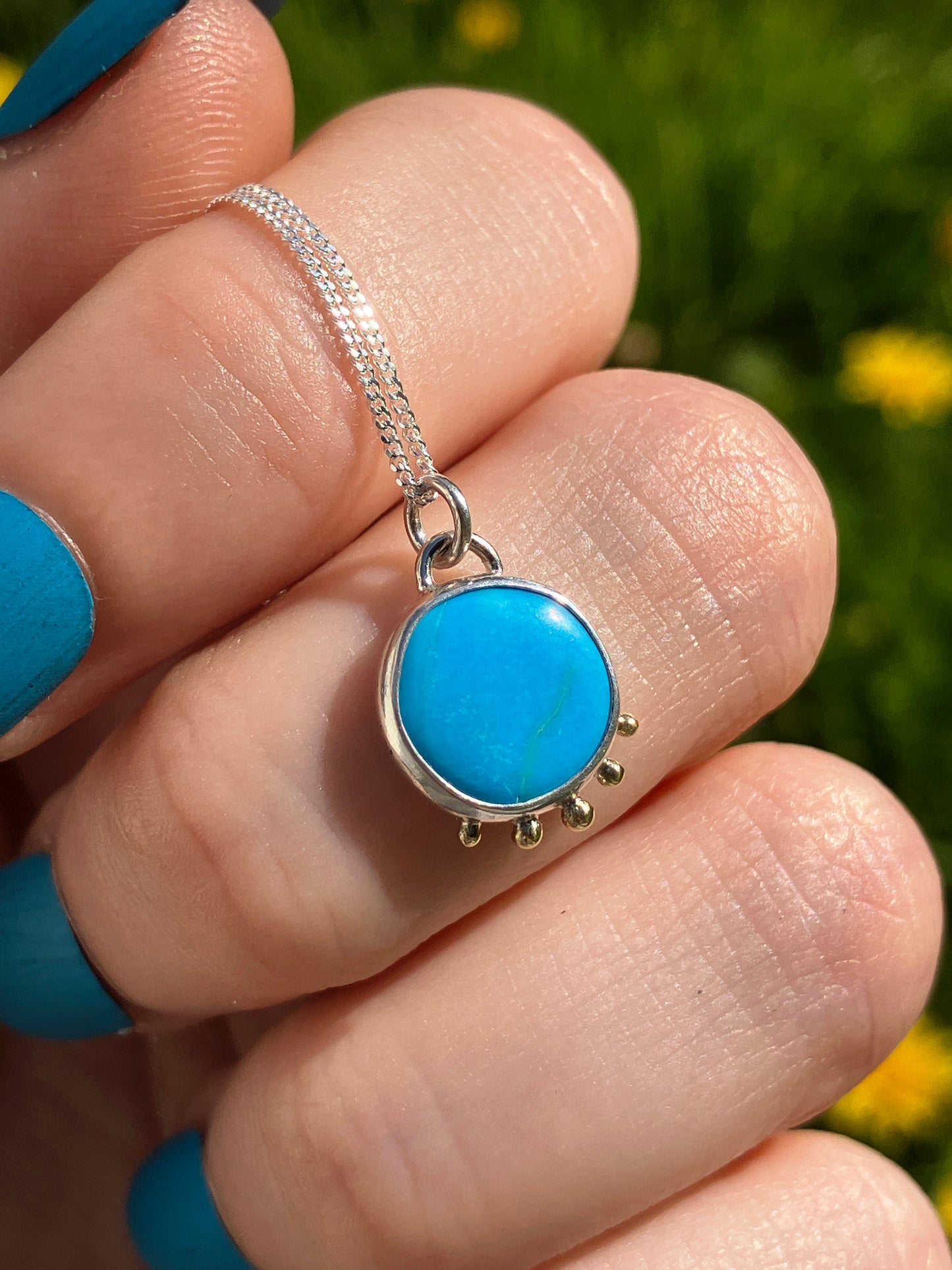 Turquoise, 18ct Gold and Sterling Silver Pendant Necklace with Granulation Detail on Sterling Silver Chain