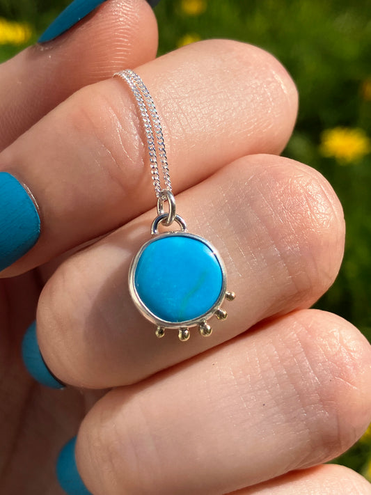 Turquoise, 18ct Gold and Sterling Silver Pendant Necklace with Granulation Detail on Sterling Silver Chain