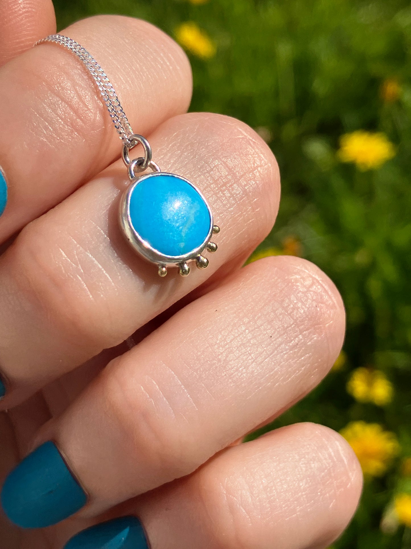 Turquoise, 18ct Gold and Sterling Silver Pendant Necklace with Granulation Detail on Sterling Silver Chain