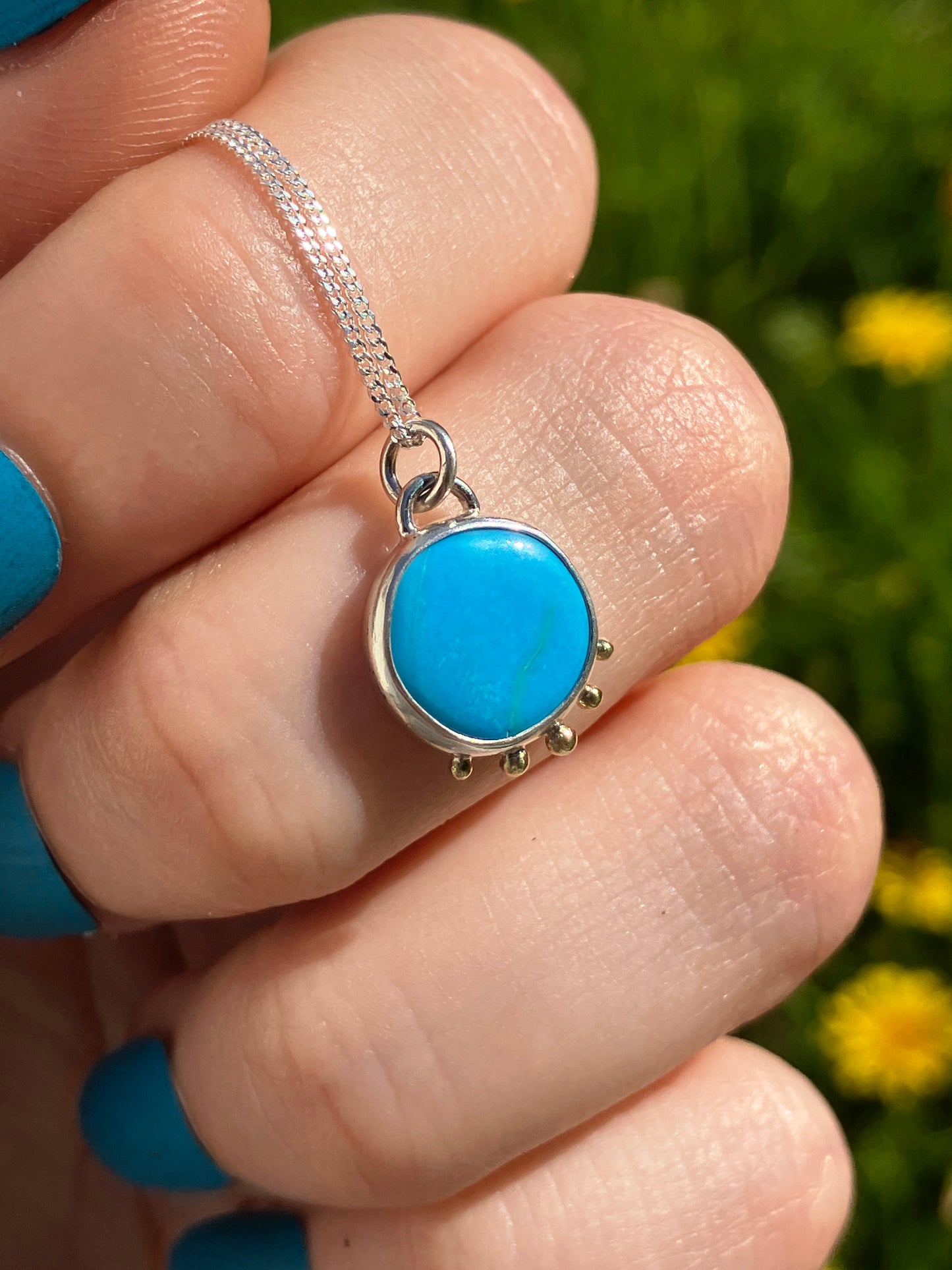 Turquoise, 18ct Gold and Sterling Silver Pendant Necklace with Granulation Detail on Sterling Silver Chain