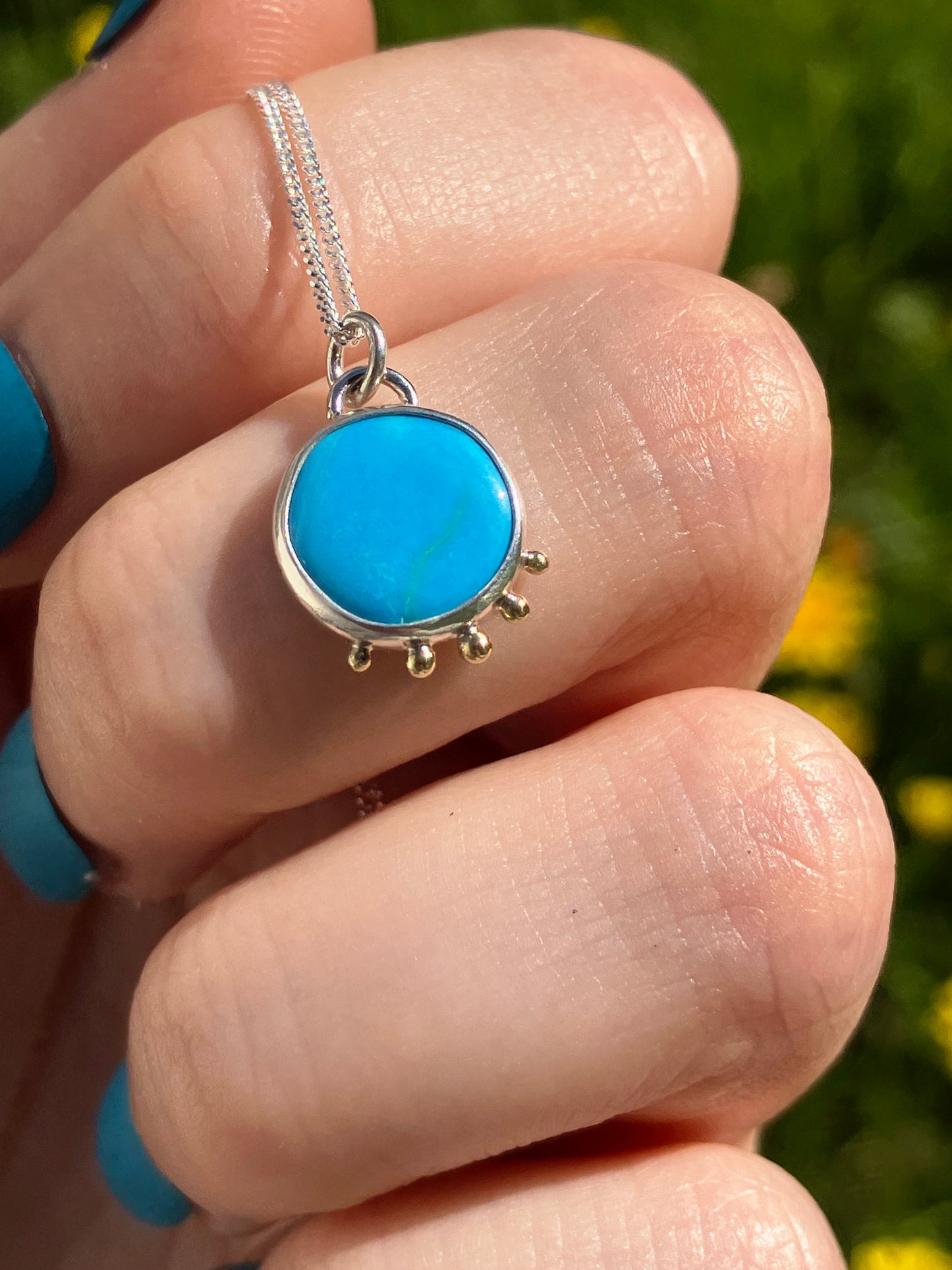 Turquoise, 18ct Gold and Sterling Silver Pendant Necklace with Granulation Detail on Sterling Silver Chain