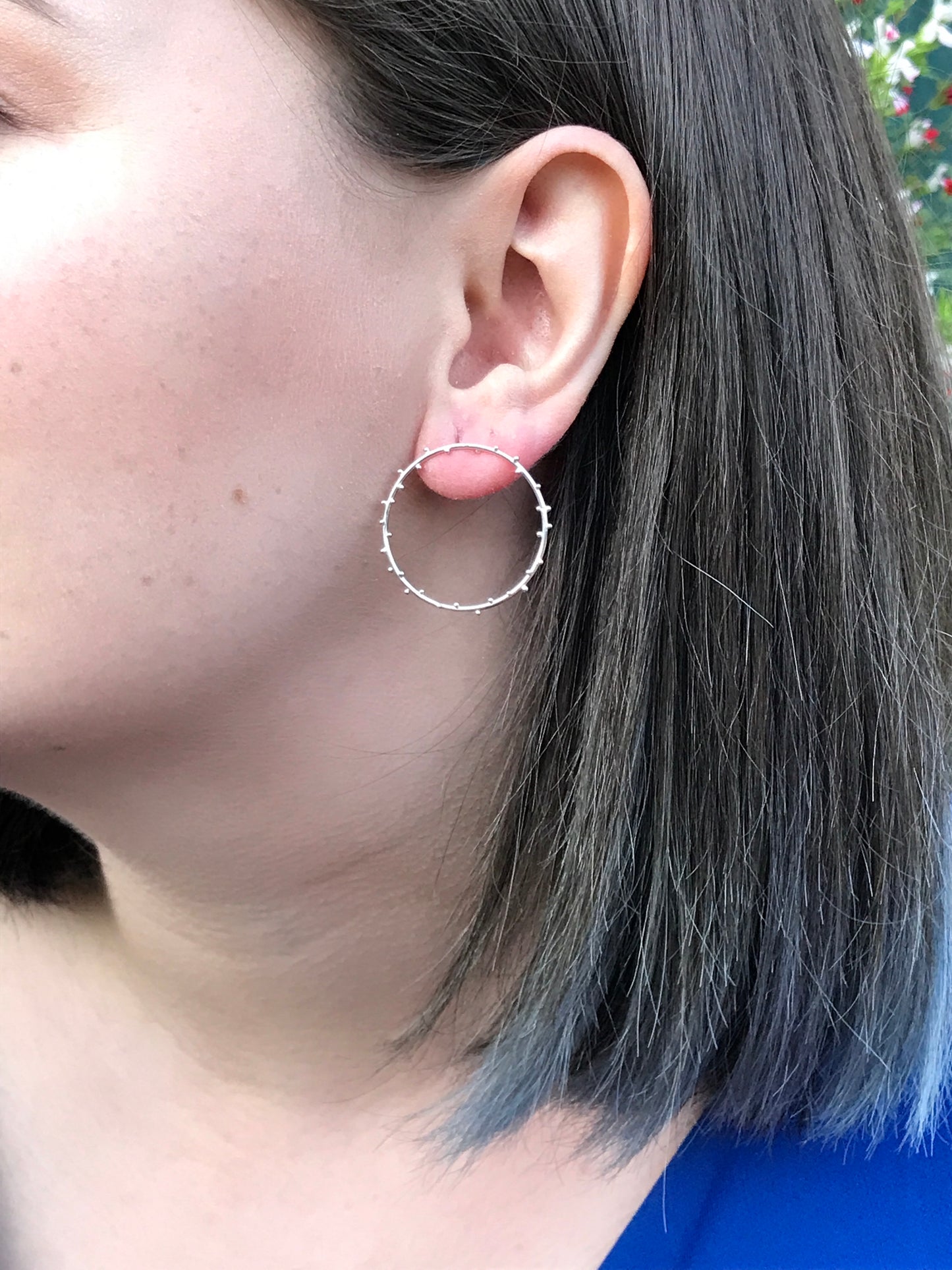 Sterling Silver Iota Circle Stud Earrings with Granulation - Mini (Silver and Black), Midi and Maxi