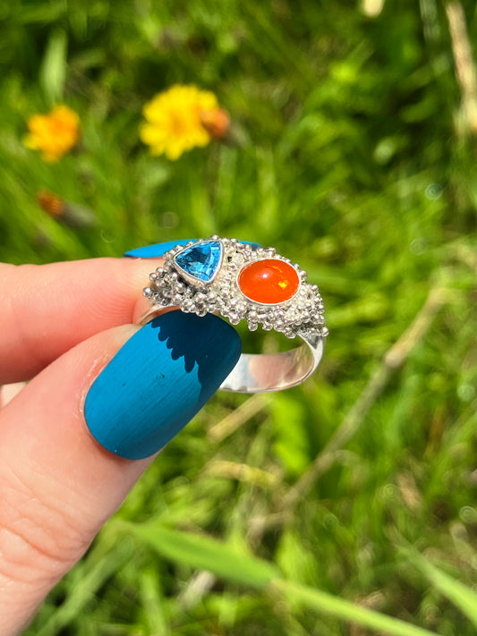 Swiss Blue Topaz, Fire Opal and Recycled Sterling Silver Statement Ring with Granulation