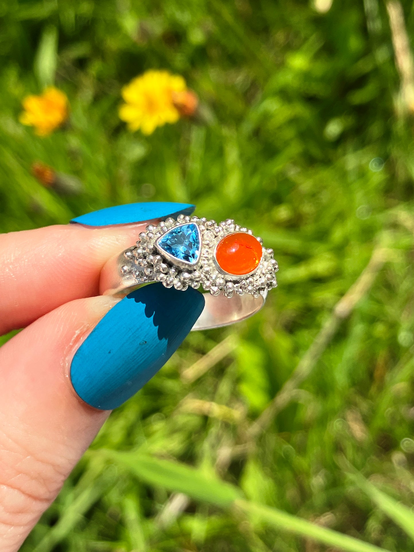 Swiss Blue Topaz, Fire Opal and Recycled Sterling Silver Statement Ring with Granulation