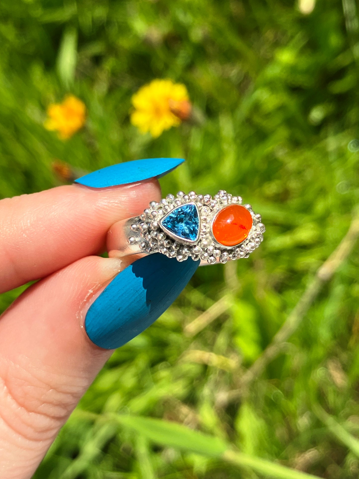 Swiss Blue Topaz, Fire Opal and Recycled Sterling Silver Statement Ring with Granulation