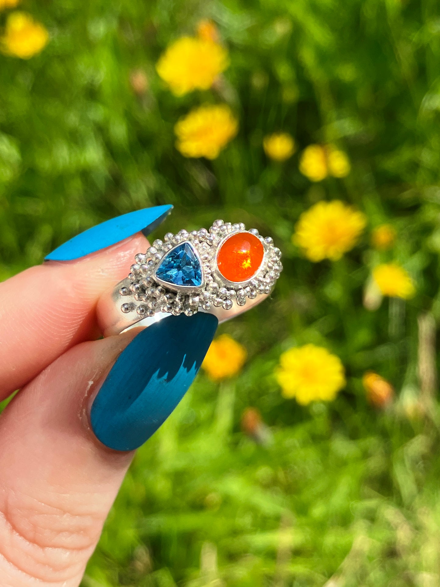 Swiss Blue Topaz, Fire Opal and Recycled Sterling Silver Statement Ring with Granulation