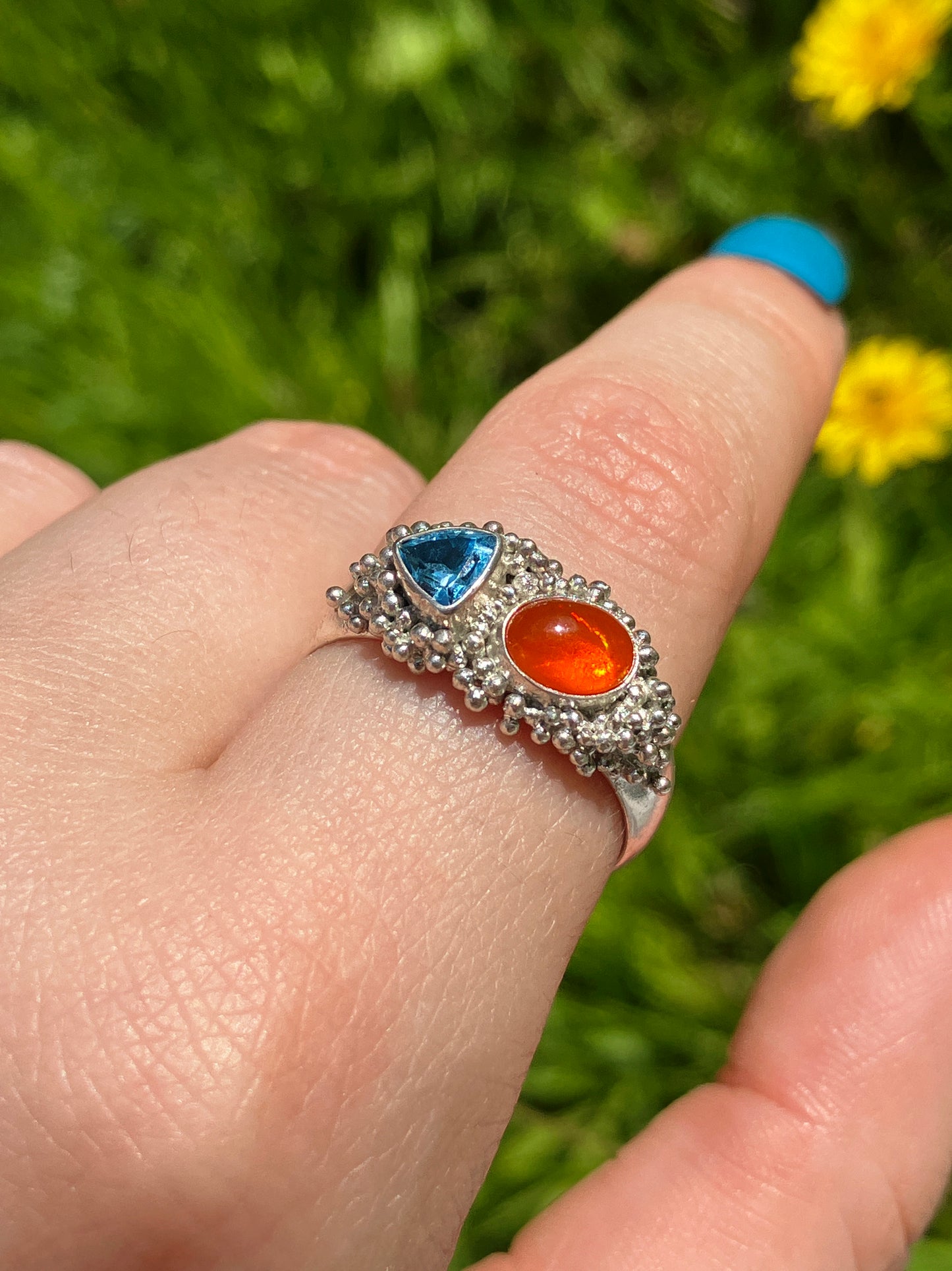Swiss Blue Topaz, Fire Opal and Recycled Sterling Silver Statement Ring with Granulation