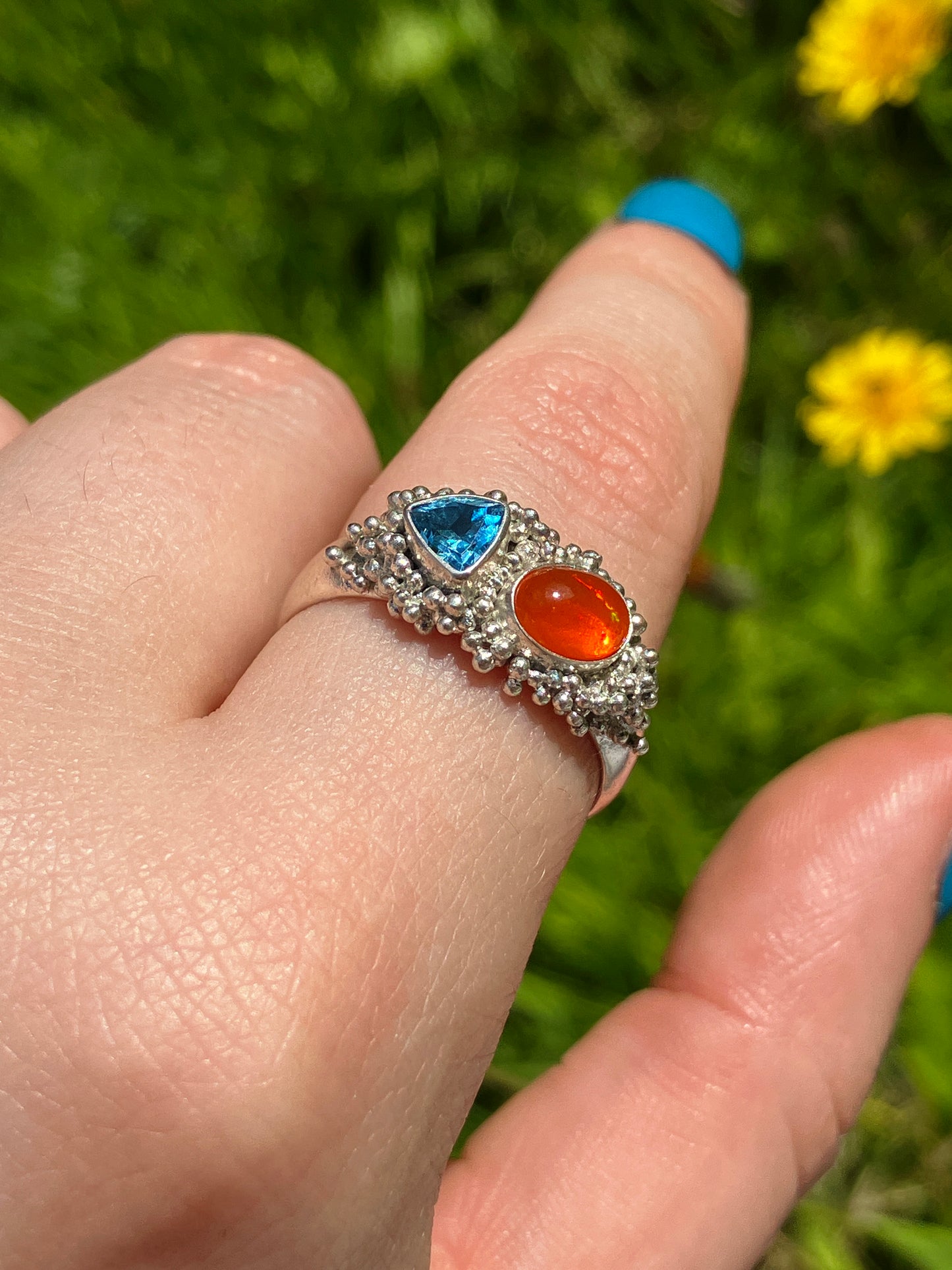 Swiss Blue Topaz, Fire Opal and Recycled Sterling Silver Statement Ring with Granulation