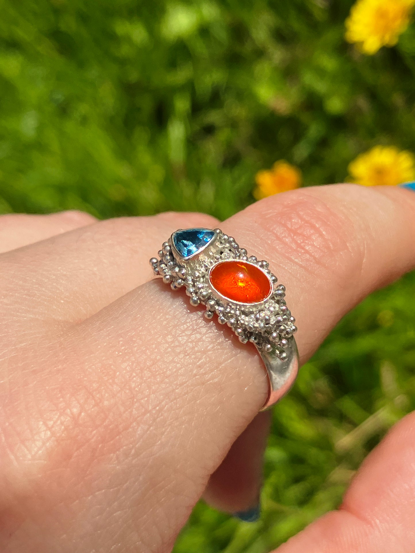 Swiss Blue Topaz, Fire Opal and Recycled Sterling Silver Statement Ring with Granulation