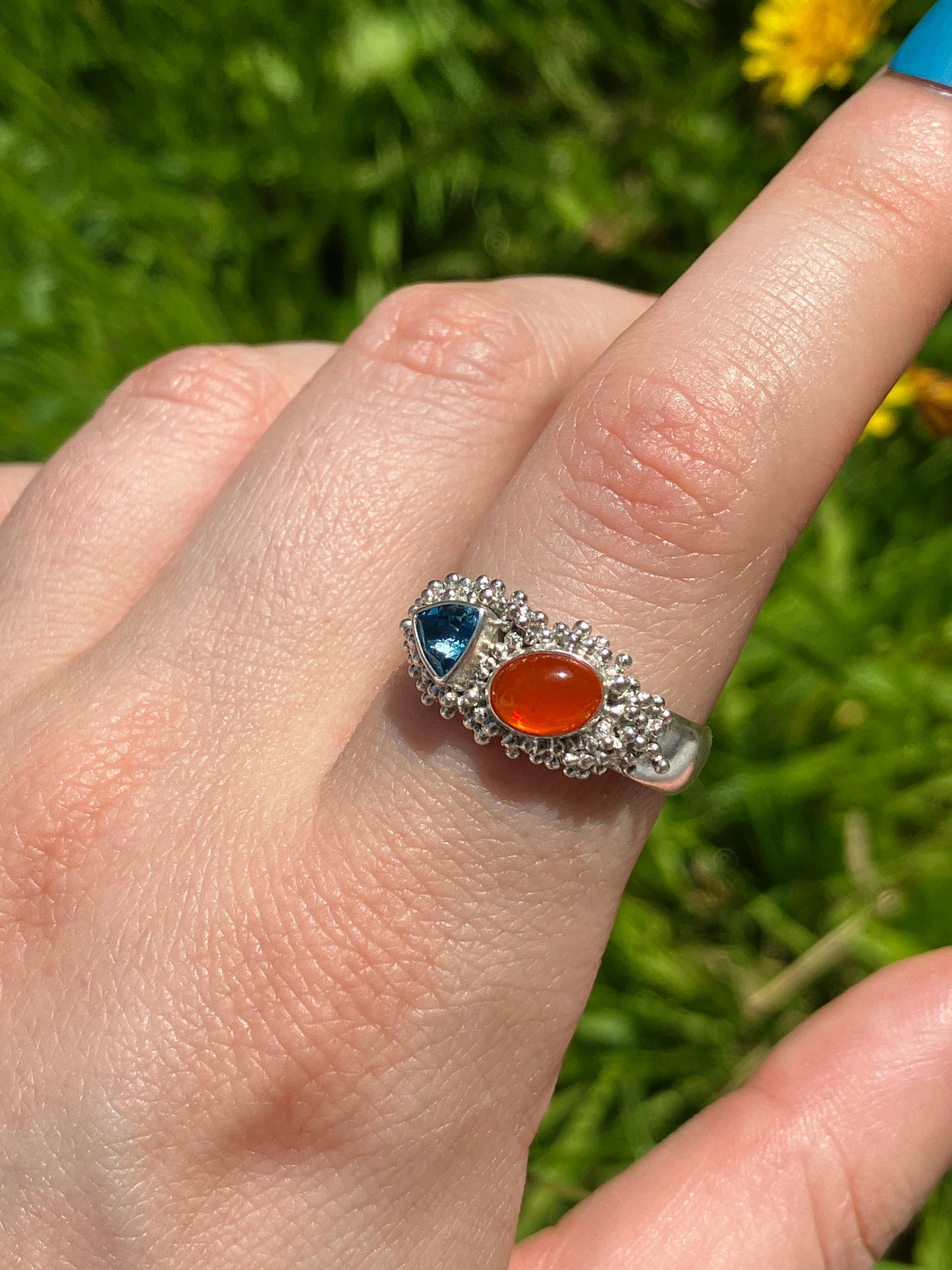 Swiss Blue Topaz, Fire Opal and Recycled Sterling Silver Statement Ring with Granulation