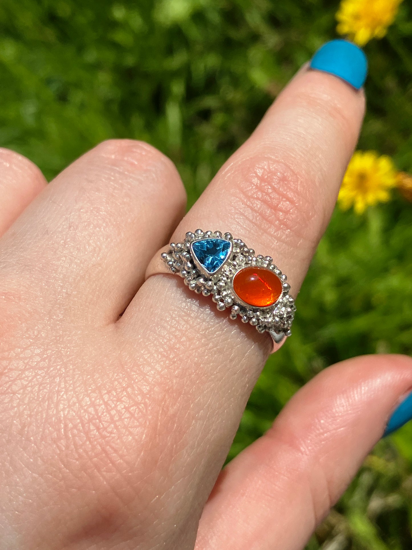 Swiss Blue Topaz, Fire Opal and Recycled Sterling Silver Statement Ring with Granulation