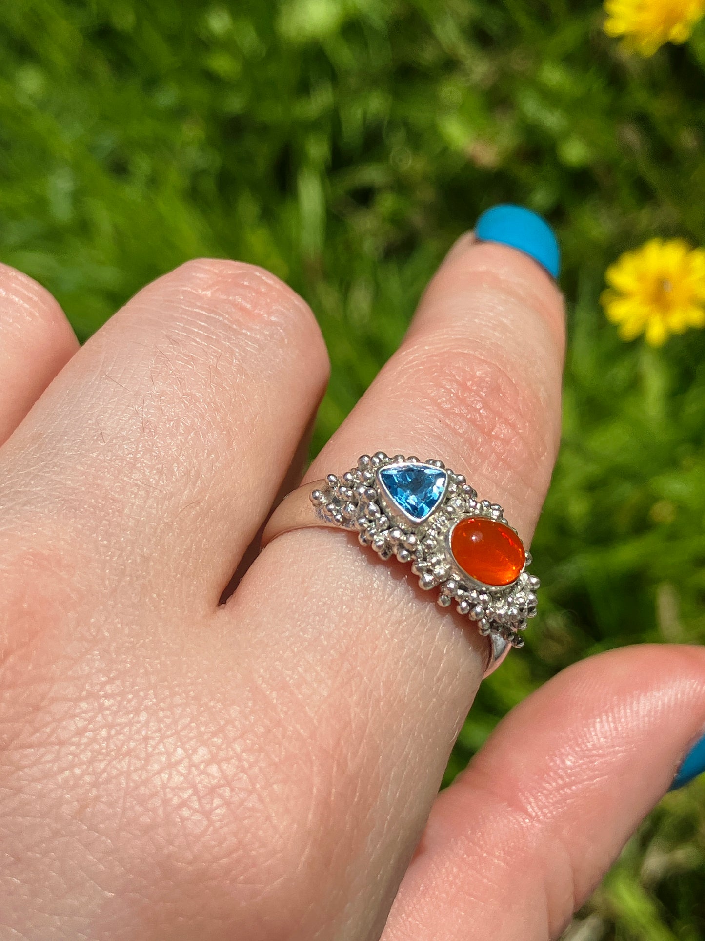 Swiss Blue Topaz, Fire Opal and Recycled Sterling Silver Statement Ring with Granulation