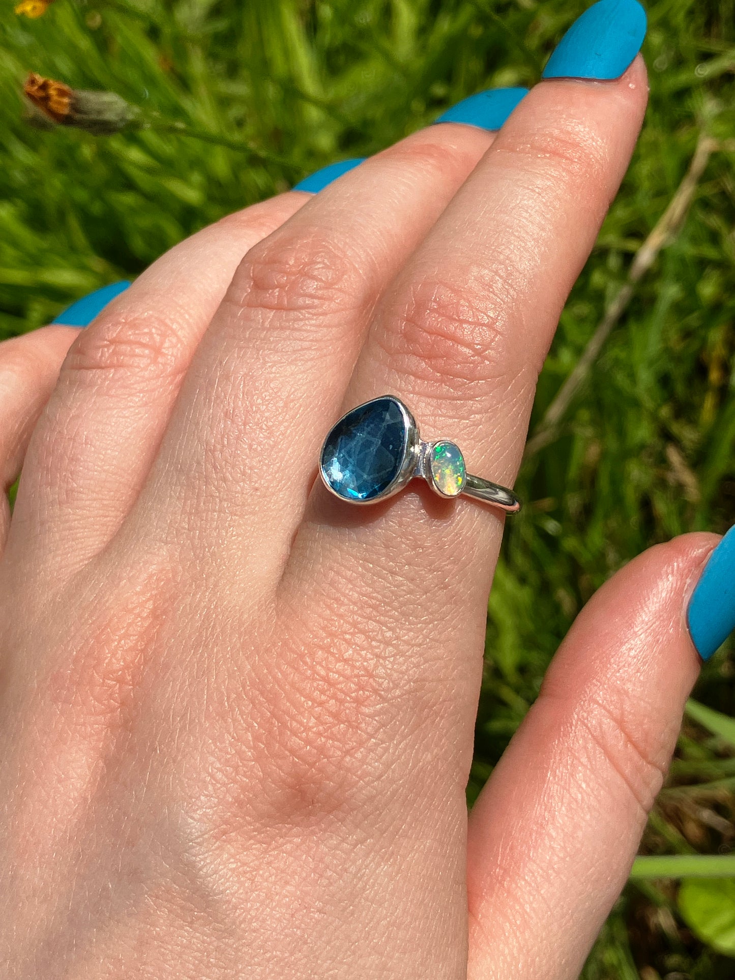 London Blue Topaz, Opal and Sterling Silver Ring - UK Size Q