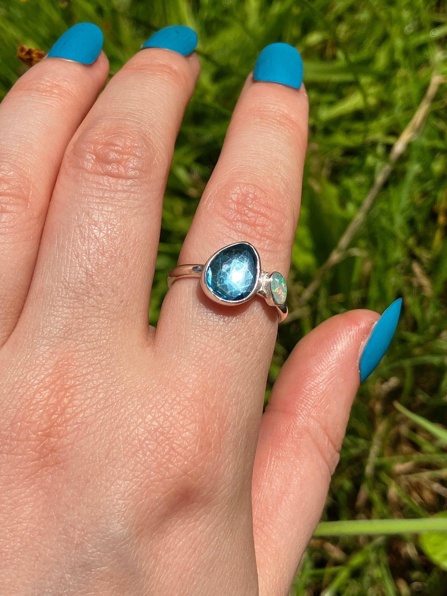 London Blue Topaz, Opal and Sterling Silver Ring - UK Size Q