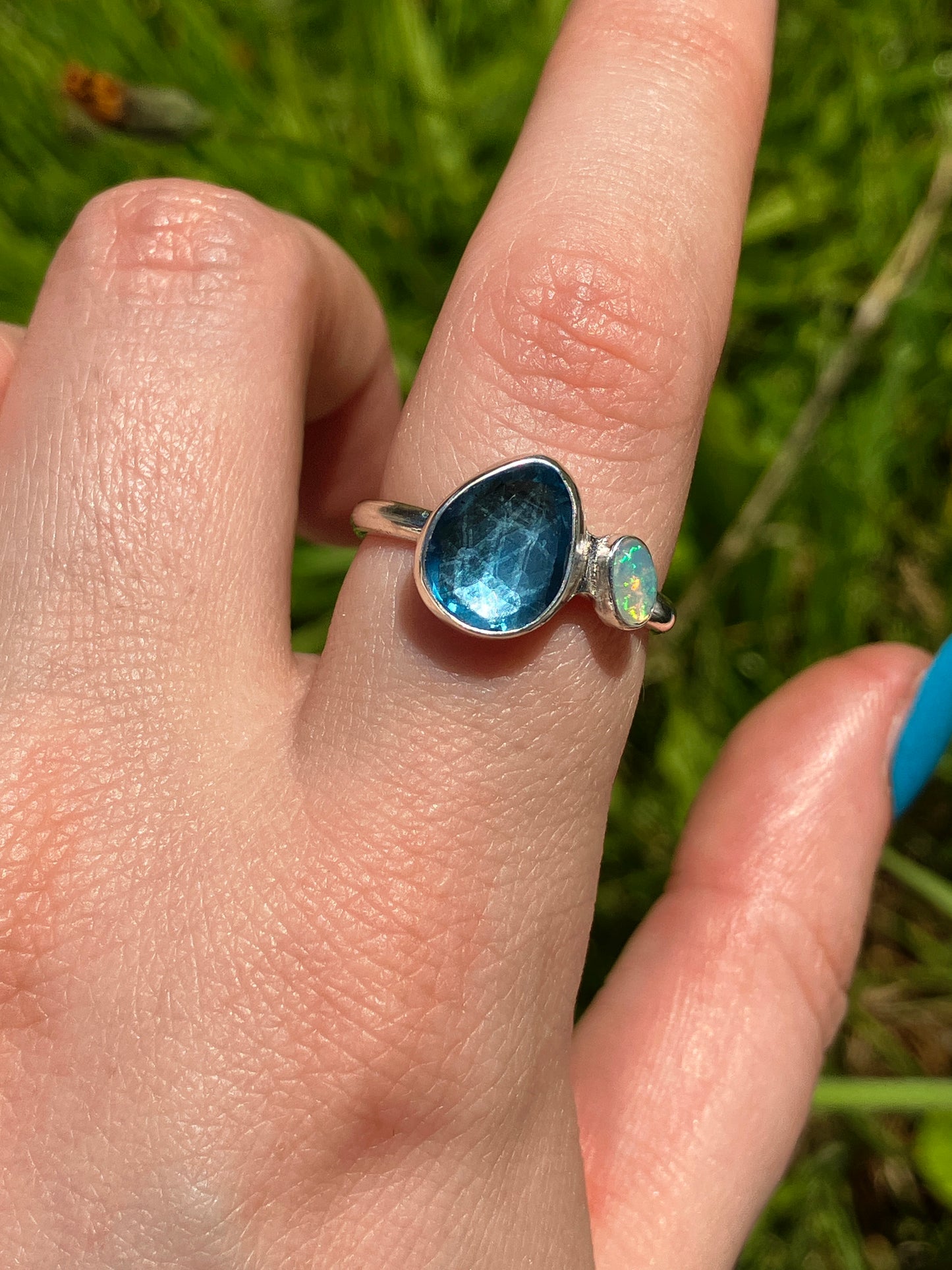 London Blue Topaz, Opal and Sterling Silver Ring - UK Size Q