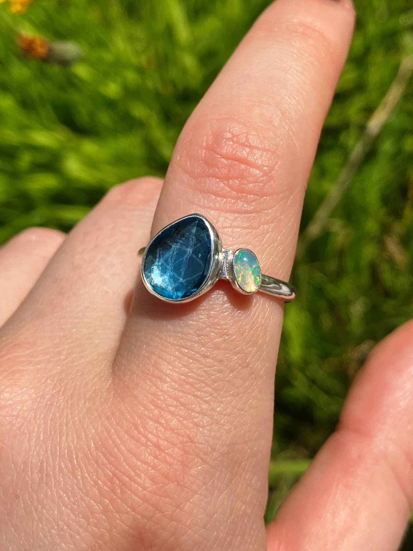 London Blue Topaz, Opal and Sterling Silver Ring - UK Size Q