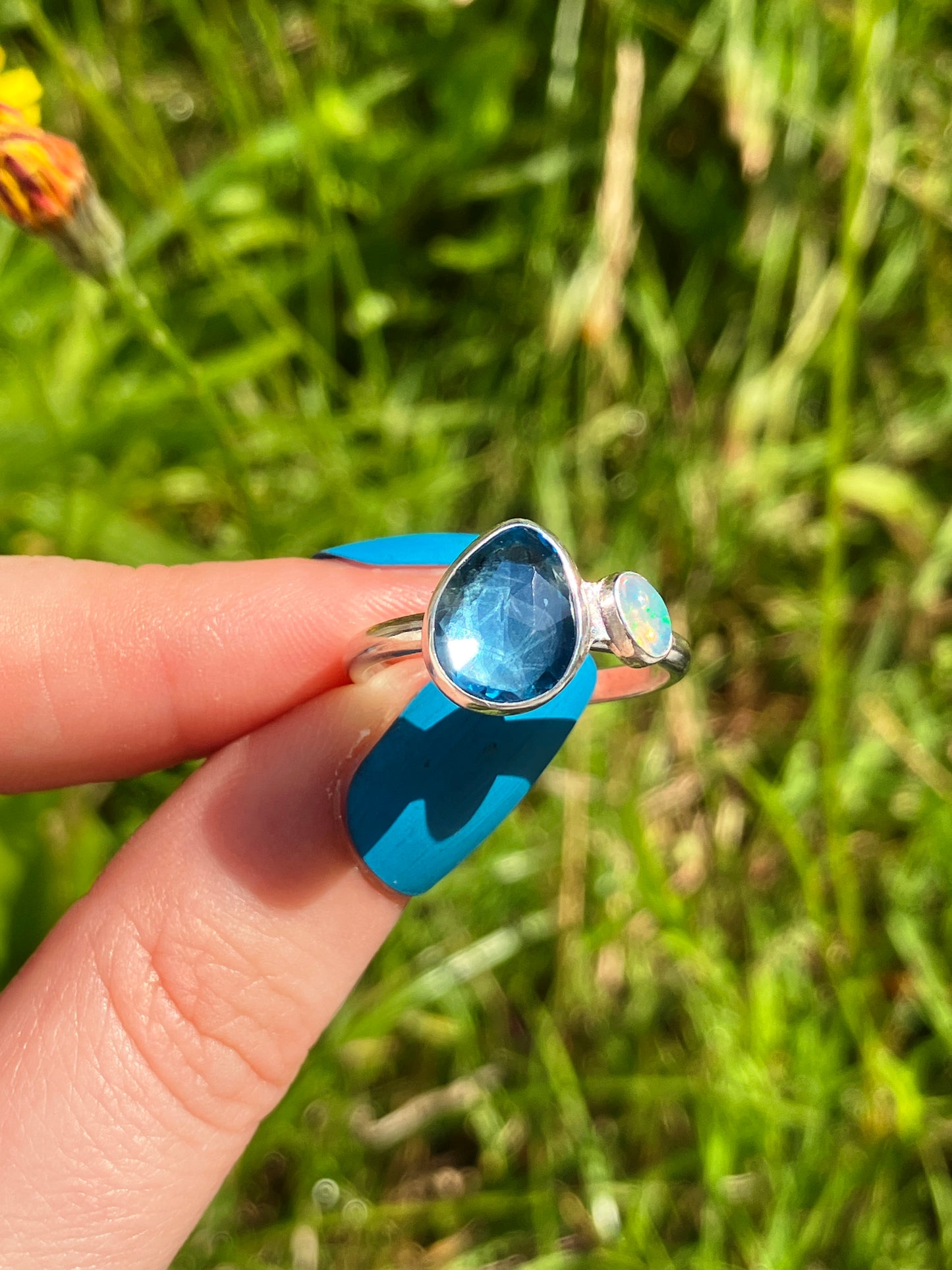 London Blue Topaz, Opal and Sterling Silver Ring - UK Size Q
