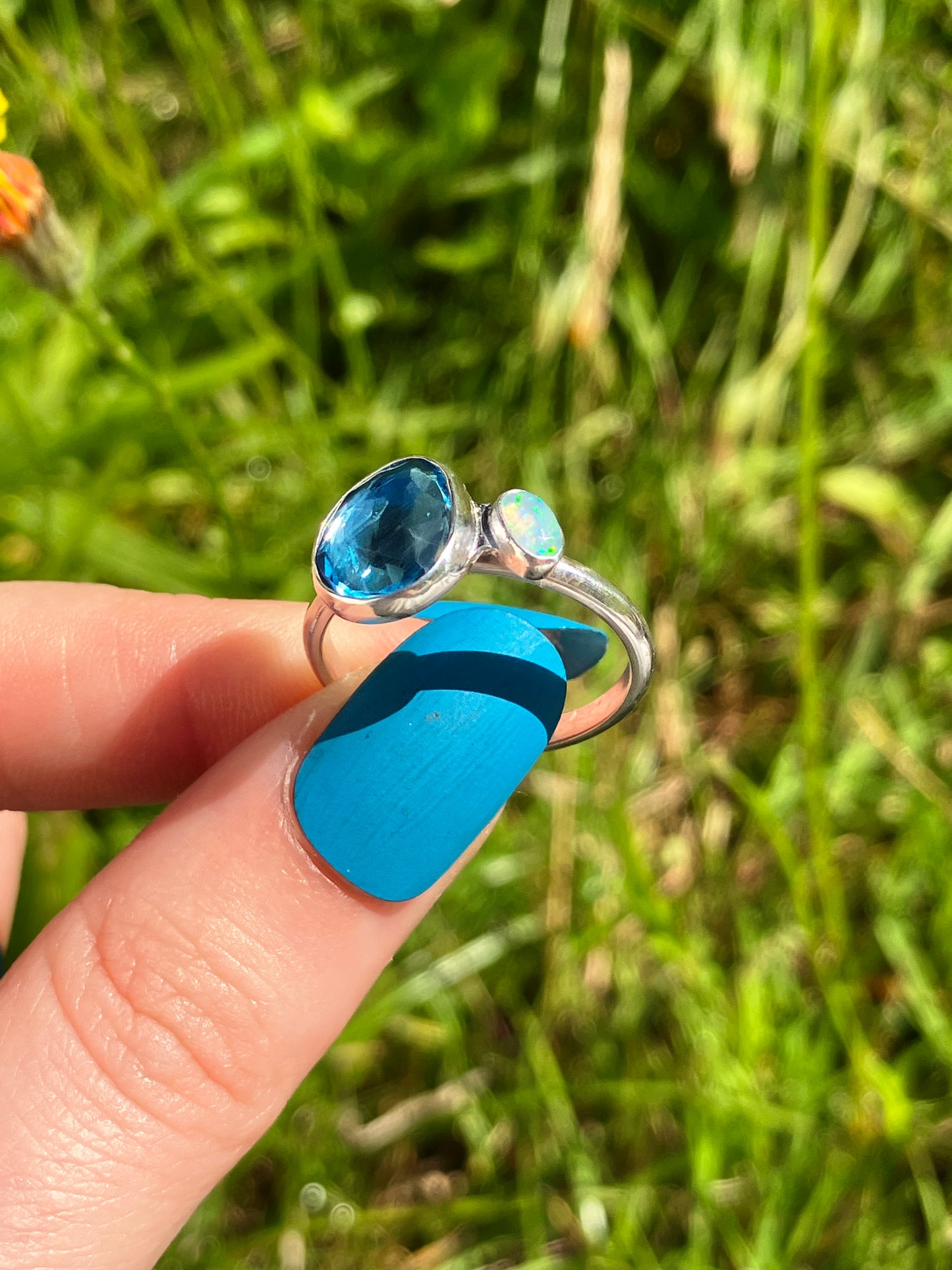 London Blue Topaz, Opal and Sterling Silver Ring - UK Size Q