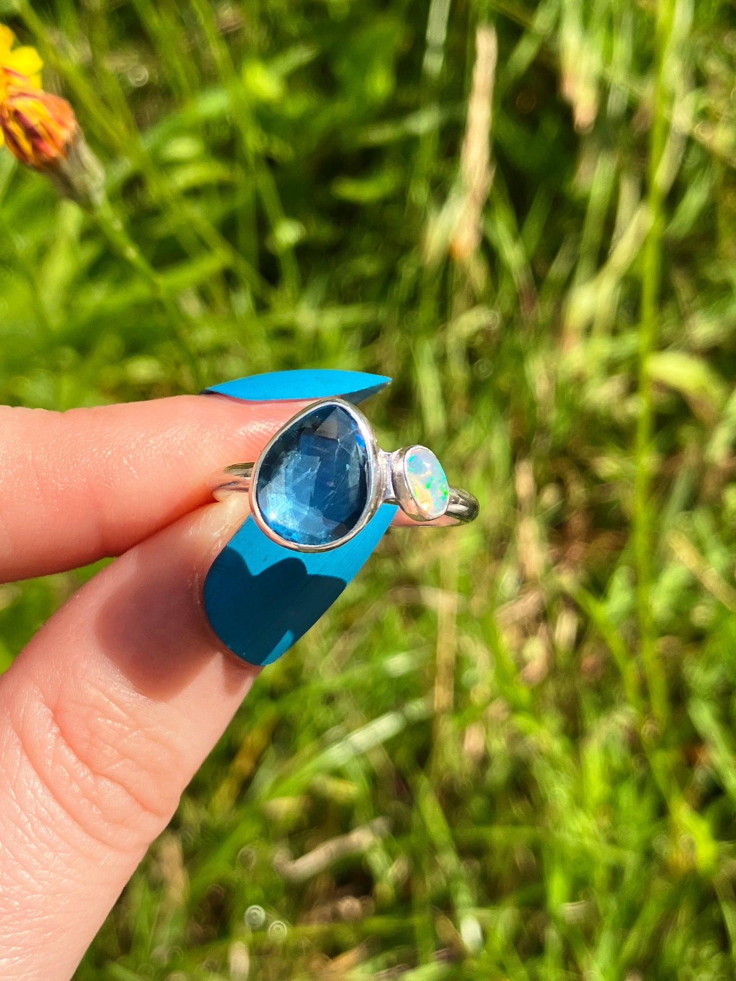 London Blue Topaz, Opal and Sterling Silver Ring - UK Size Q