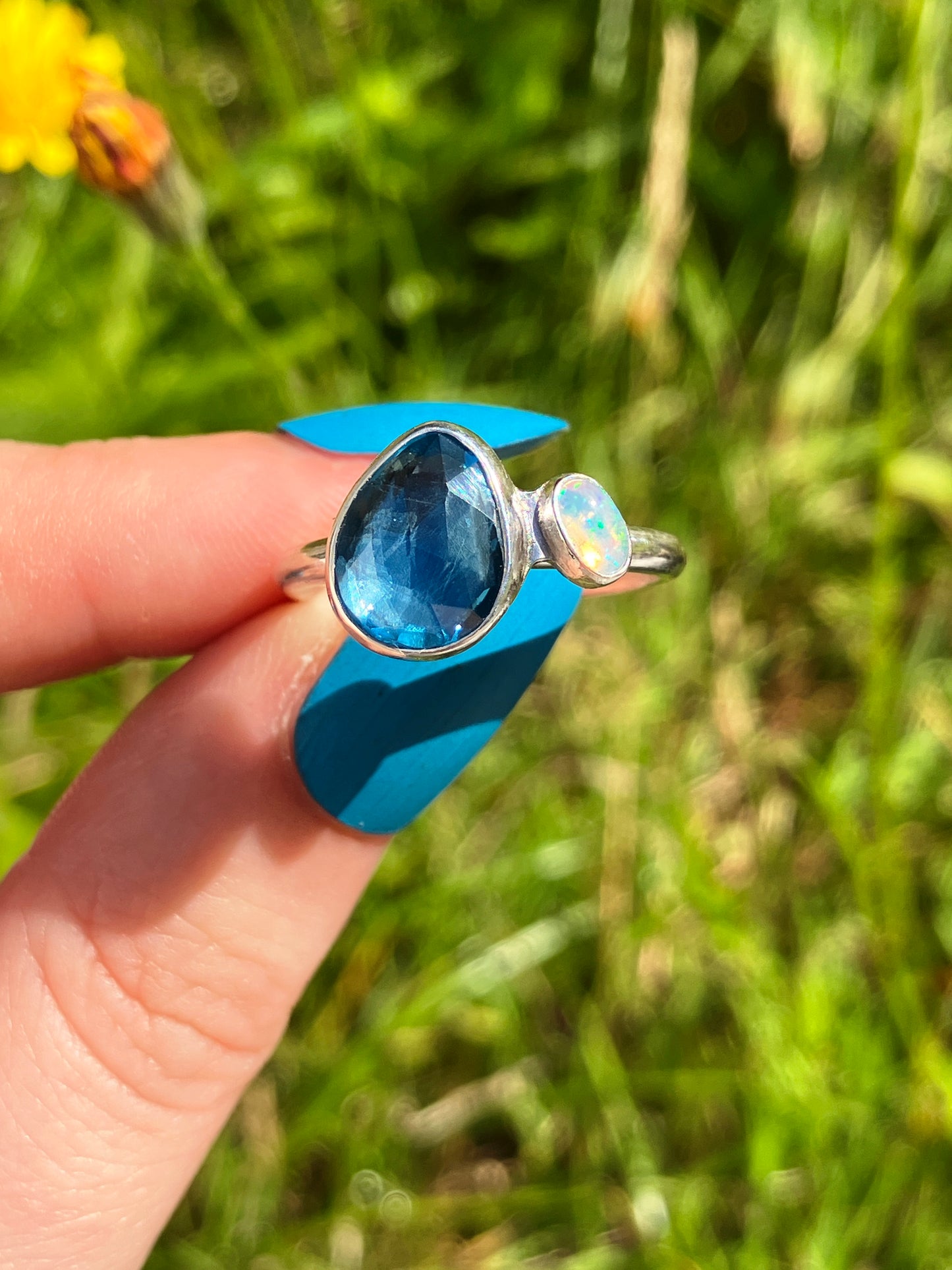 London Blue Topaz, Opal and Sterling Silver Ring - UK Size Q