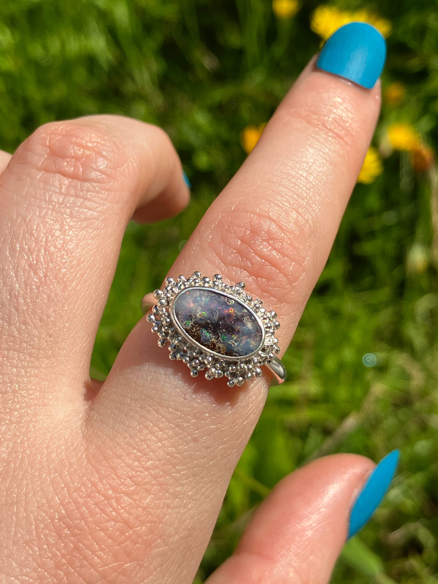 Australian Boulder Opal and Sterling Silver Statement Ring with Granulation - UK Size O