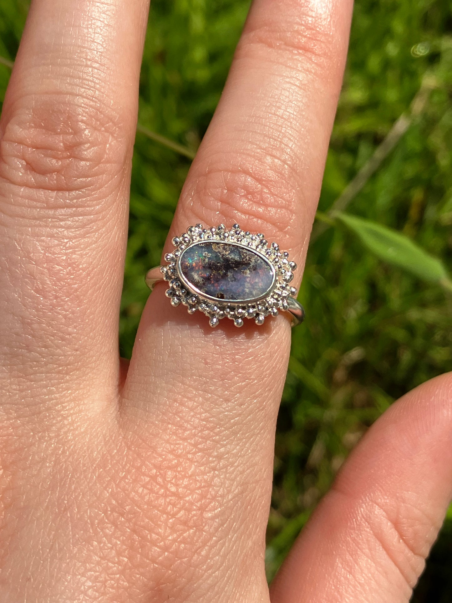 Australian Boulder Opal and Sterling Silver Statement Ring with Granulation - UK Size O