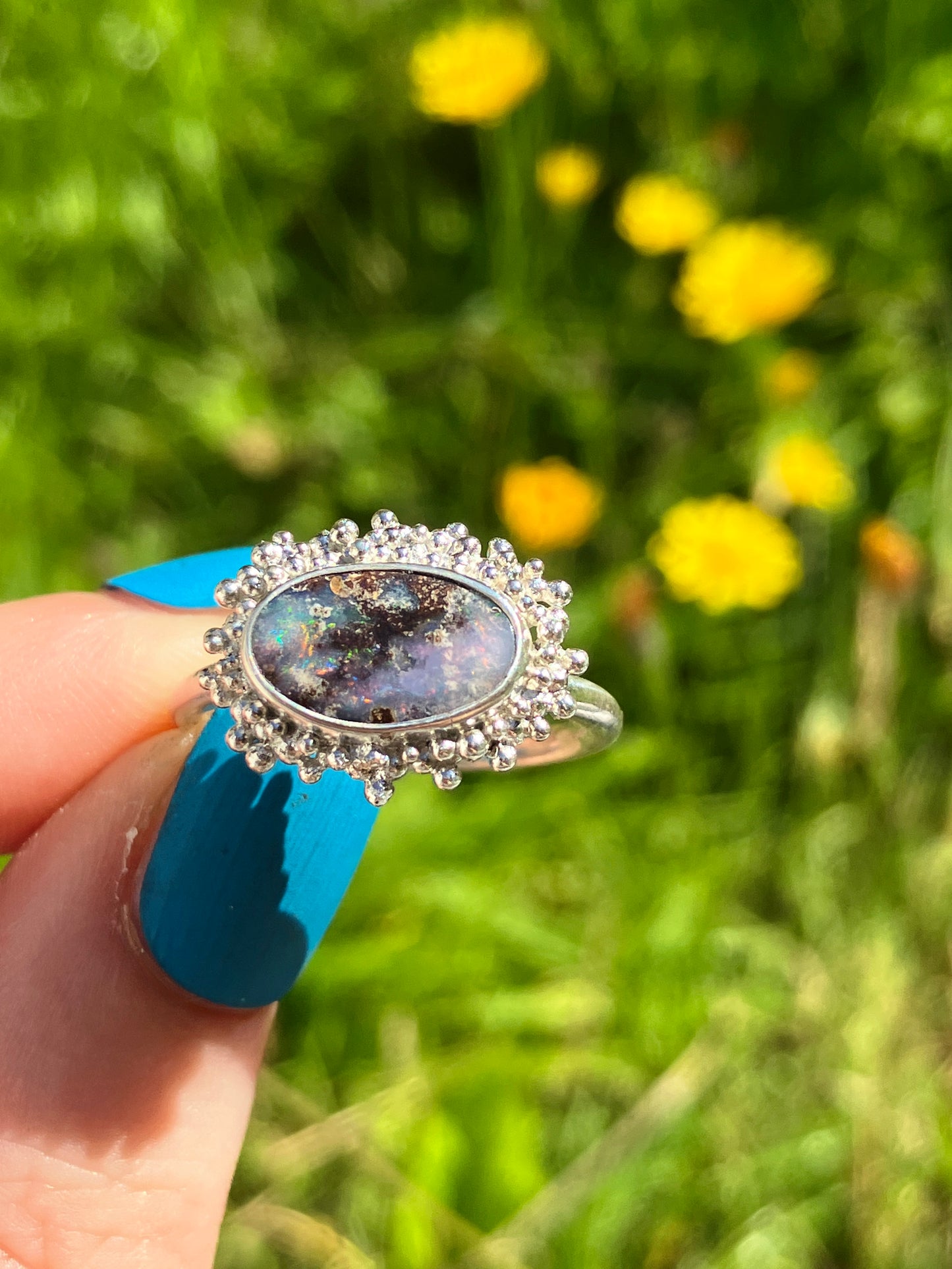 Australian Boulder Opal and Sterling Silver Statement Ring with Granulation - UK Size O