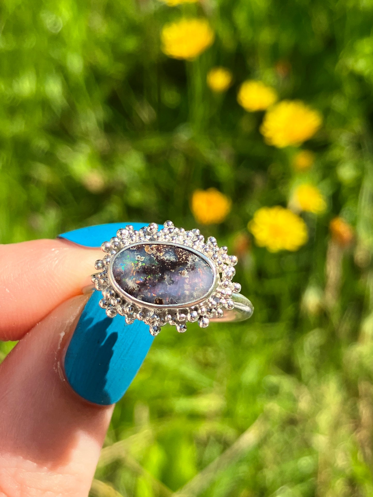 Australian Boulder Opal and Sterling Silver Statement Ring with Granulation - UK Size O