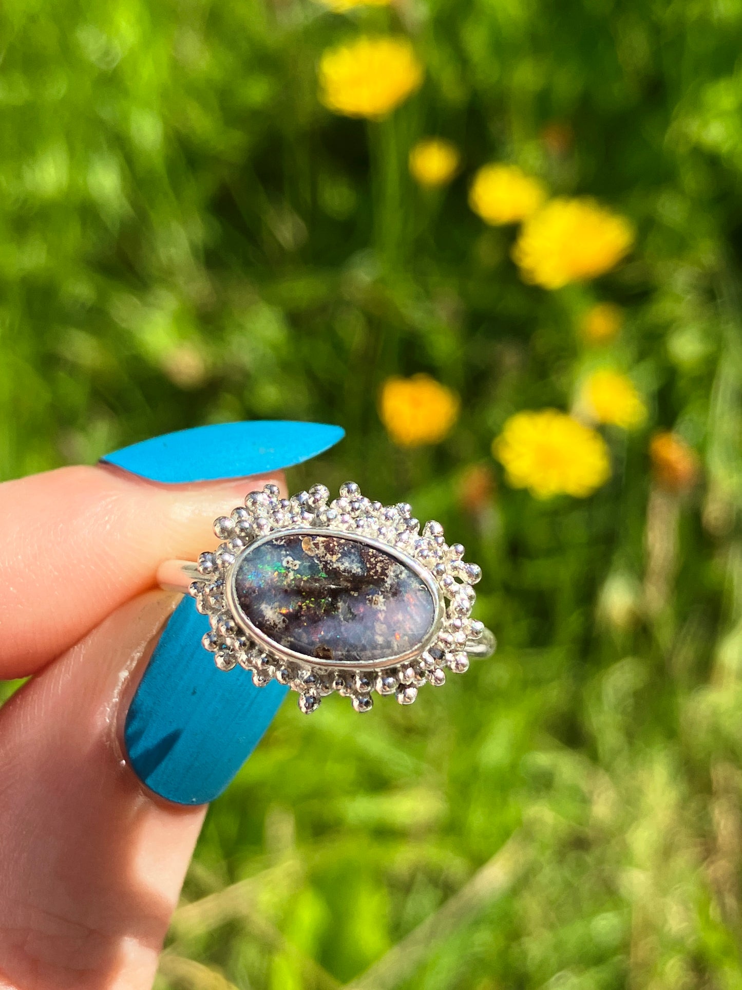 Australian Boulder Opal and Sterling Silver Statement Ring with Granulation - UK Size O