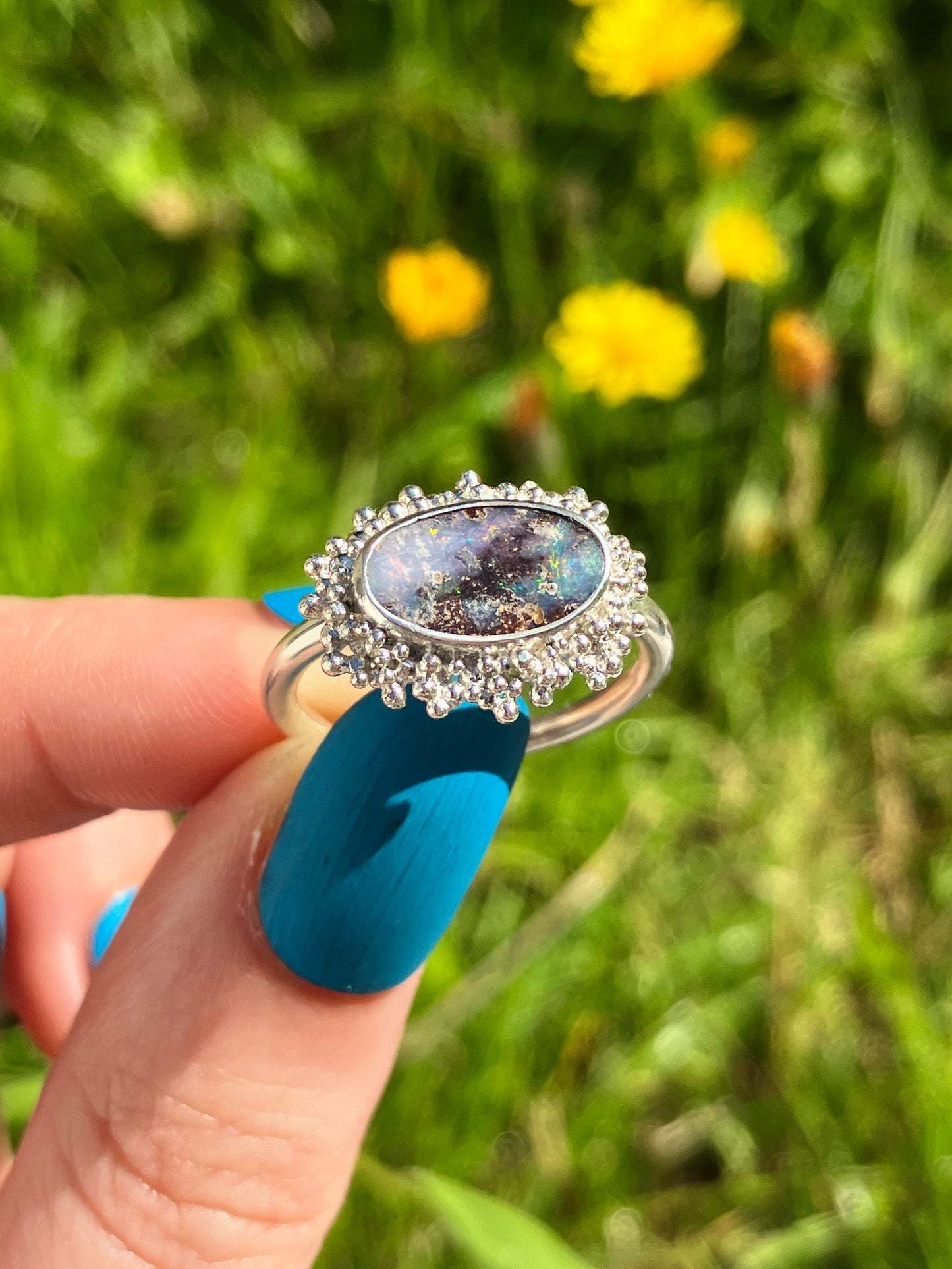 Australian Boulder Opal and Sterling Silver Statement Ring with Granulation - UK Size O