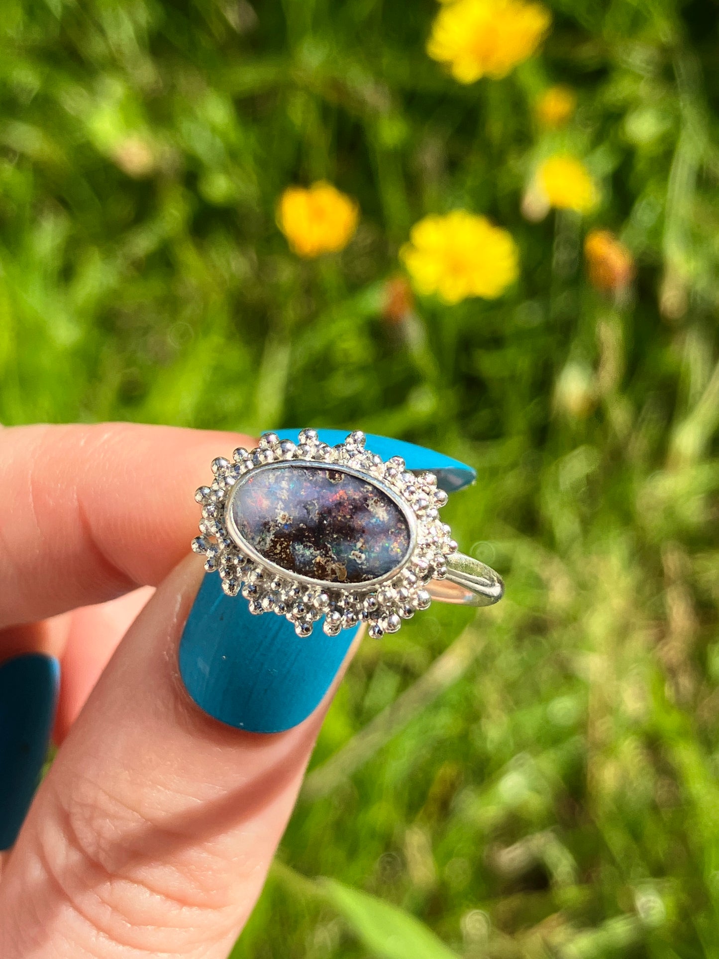 Australian Boulder Opal and Sterling Silver Statement Ring with Granulation - UK Size O