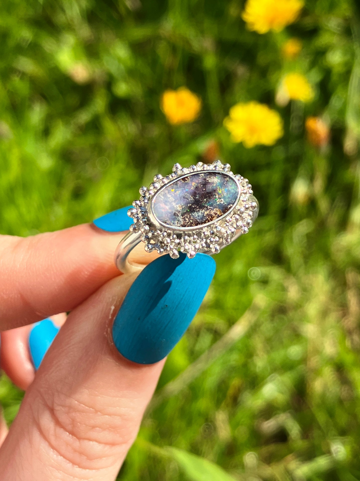 Australian Boulder Opal and Sterling Silver Statement Ring with Granulation - UK Size O