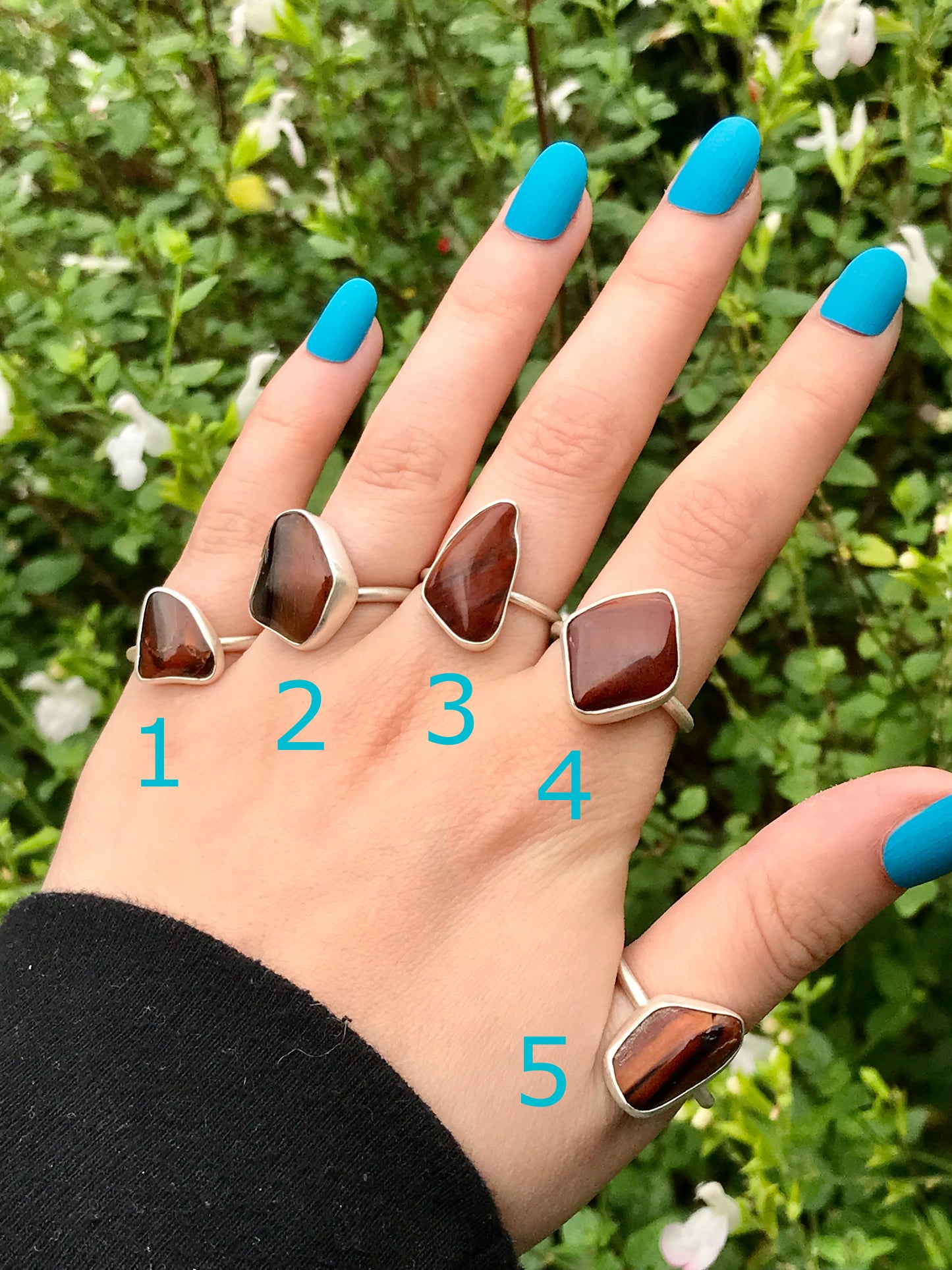 Sterling Silver and Tumbled Gemstone Rings: Amethyst, Garnet, Tiger's Eye, Carnelian, Black Tourmaline, Seraphinite, Red Jasper, Rose Quartz