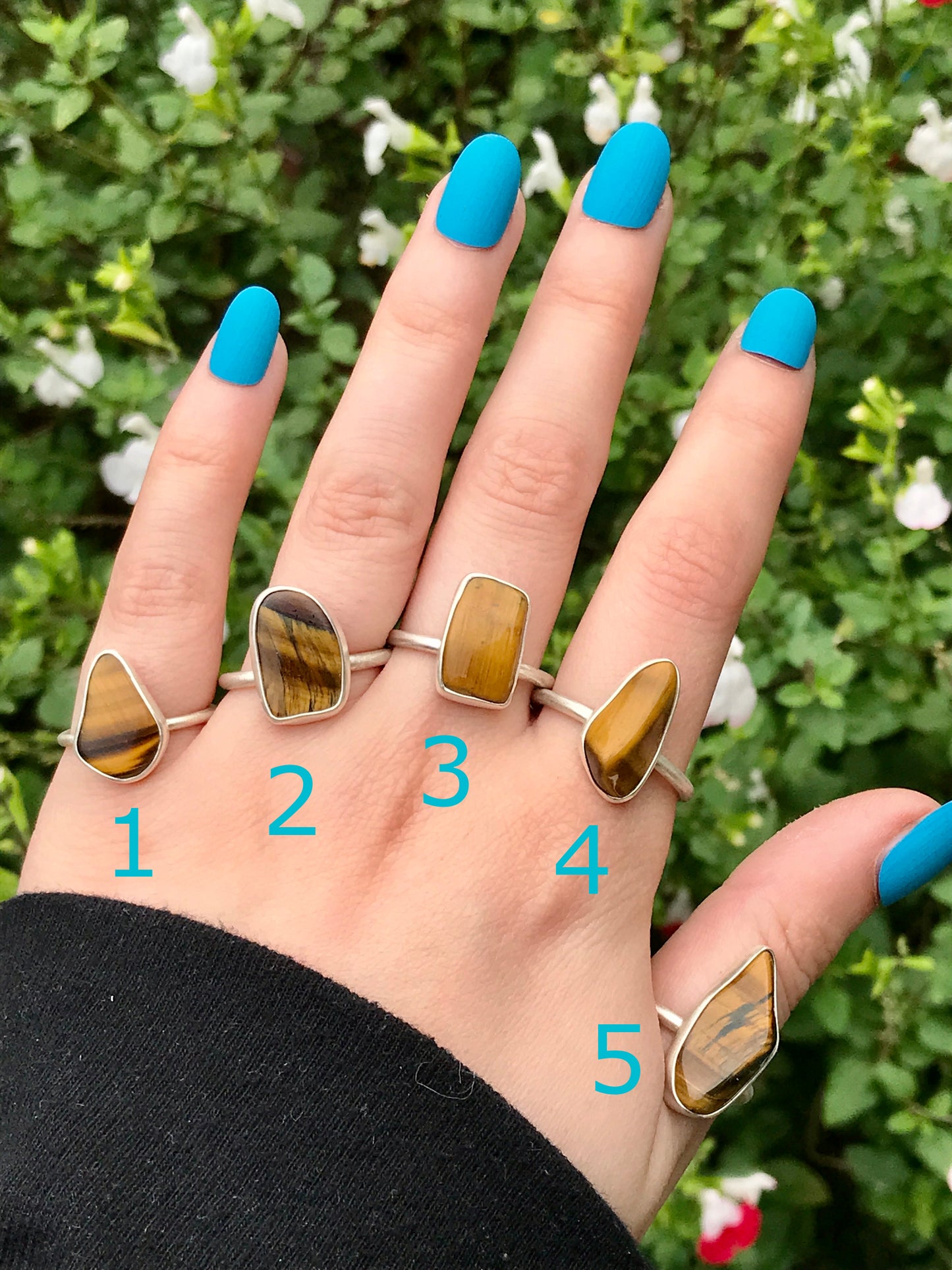 Sterling Silver and Tumbled Gemstone Rings: Amethyst, Garnet, Tiger's Eye, Carnelian, Black Tourmaline, Seraphinite, Red Jasper, Rose Quartz