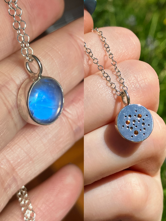 Reversible Moonstone, Spessartite Garnet and Sterling Silver Pendant Necklace with Starry Back Detailing