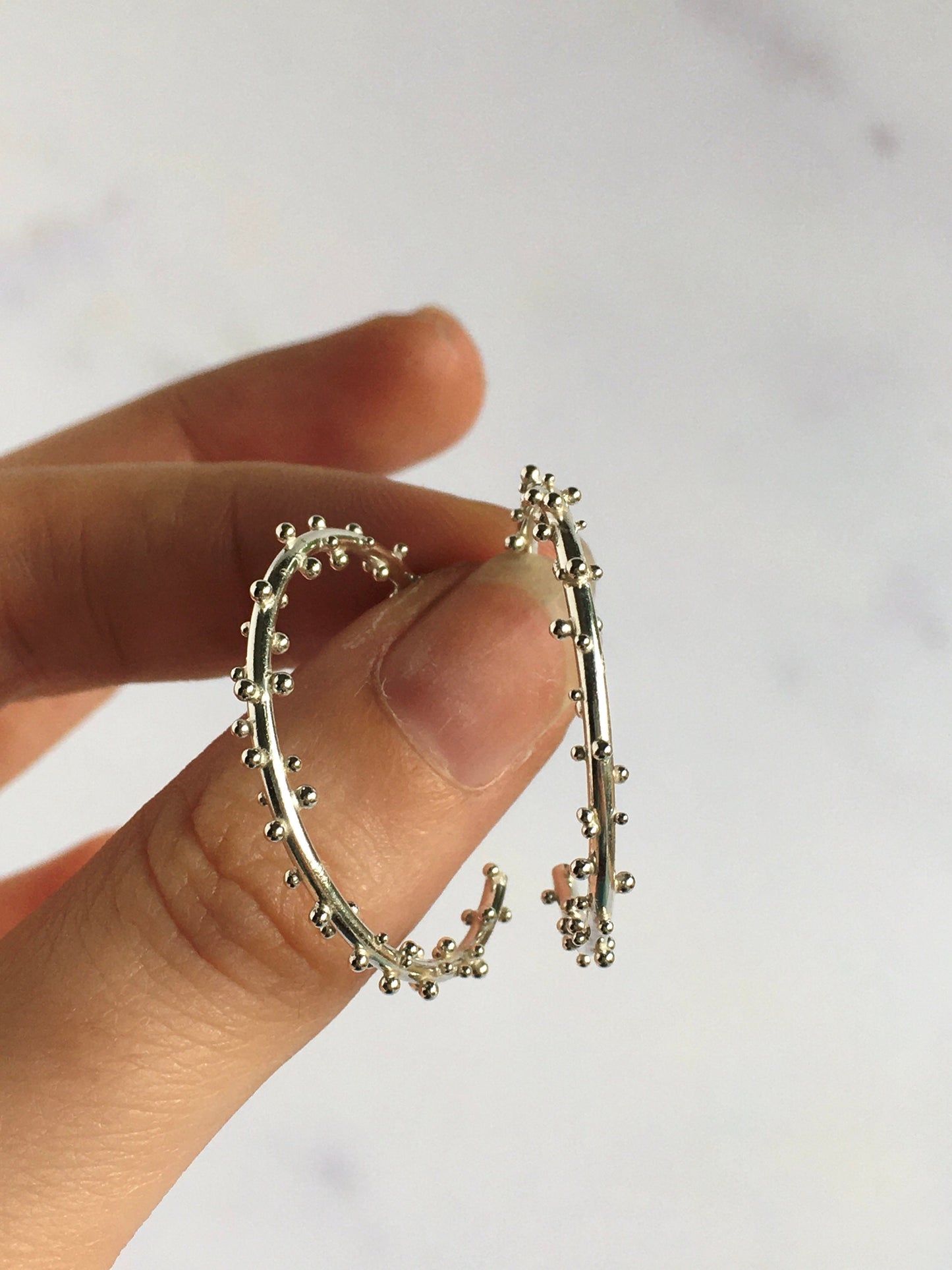 Big Sterling Silver Hoops with Granulation and Stud Closure
