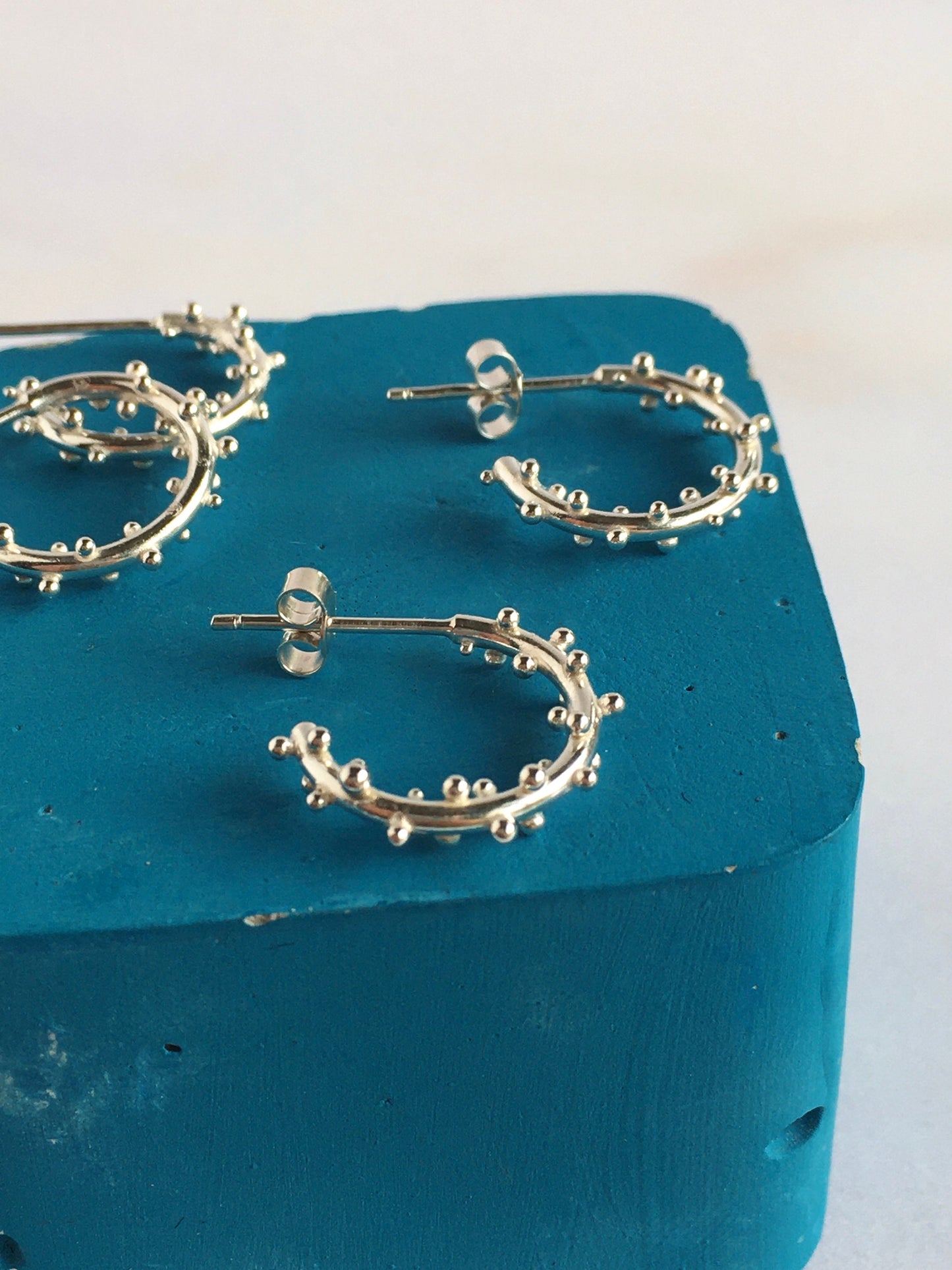 Small Sterling Silver Hoops with Granulation and Stud Closure