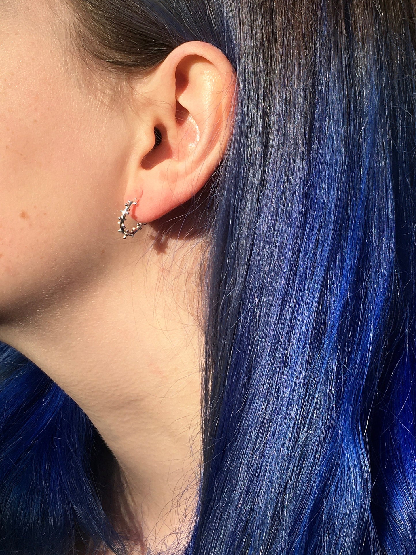 Small Sterling Silver Hoops with Granulation and Stud Closure